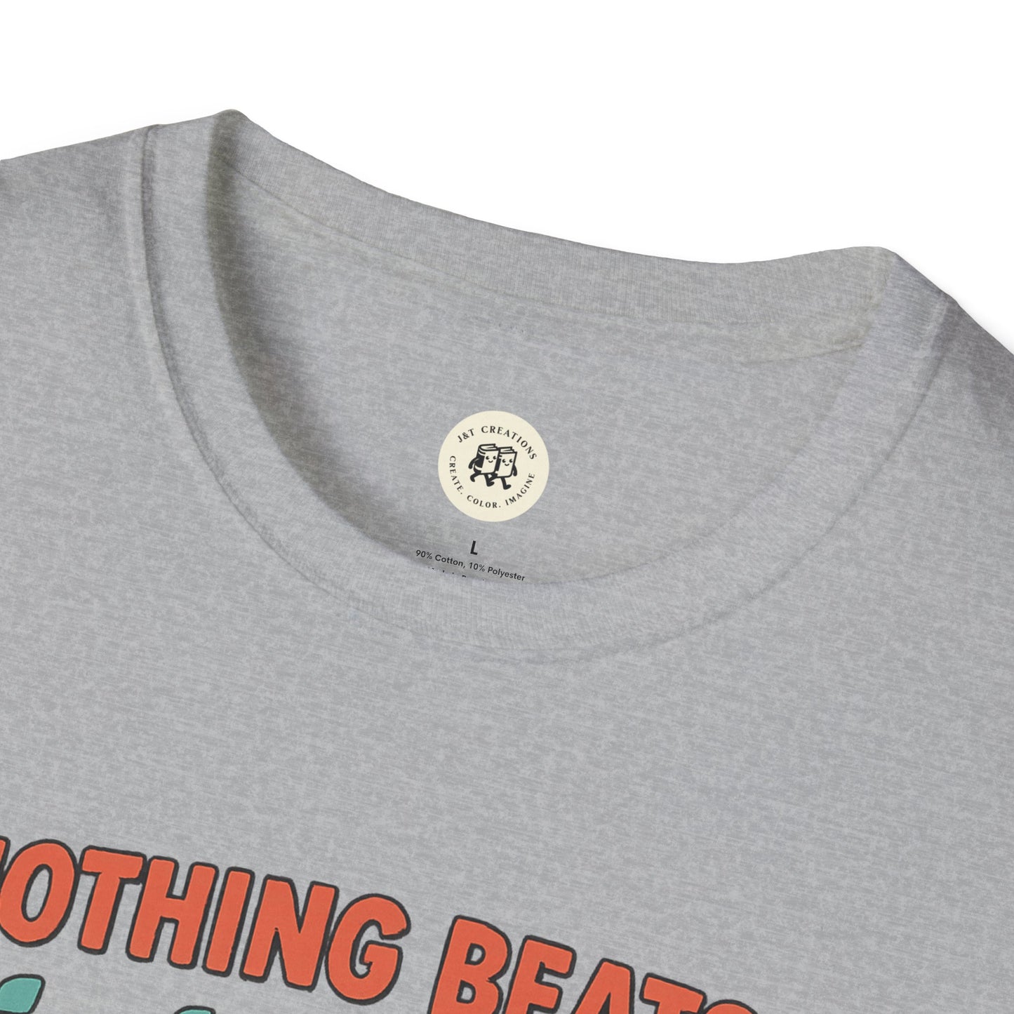 Close-up of gray Jet2 holiday t-shirt neckline and printed text on soft fabric by Printify