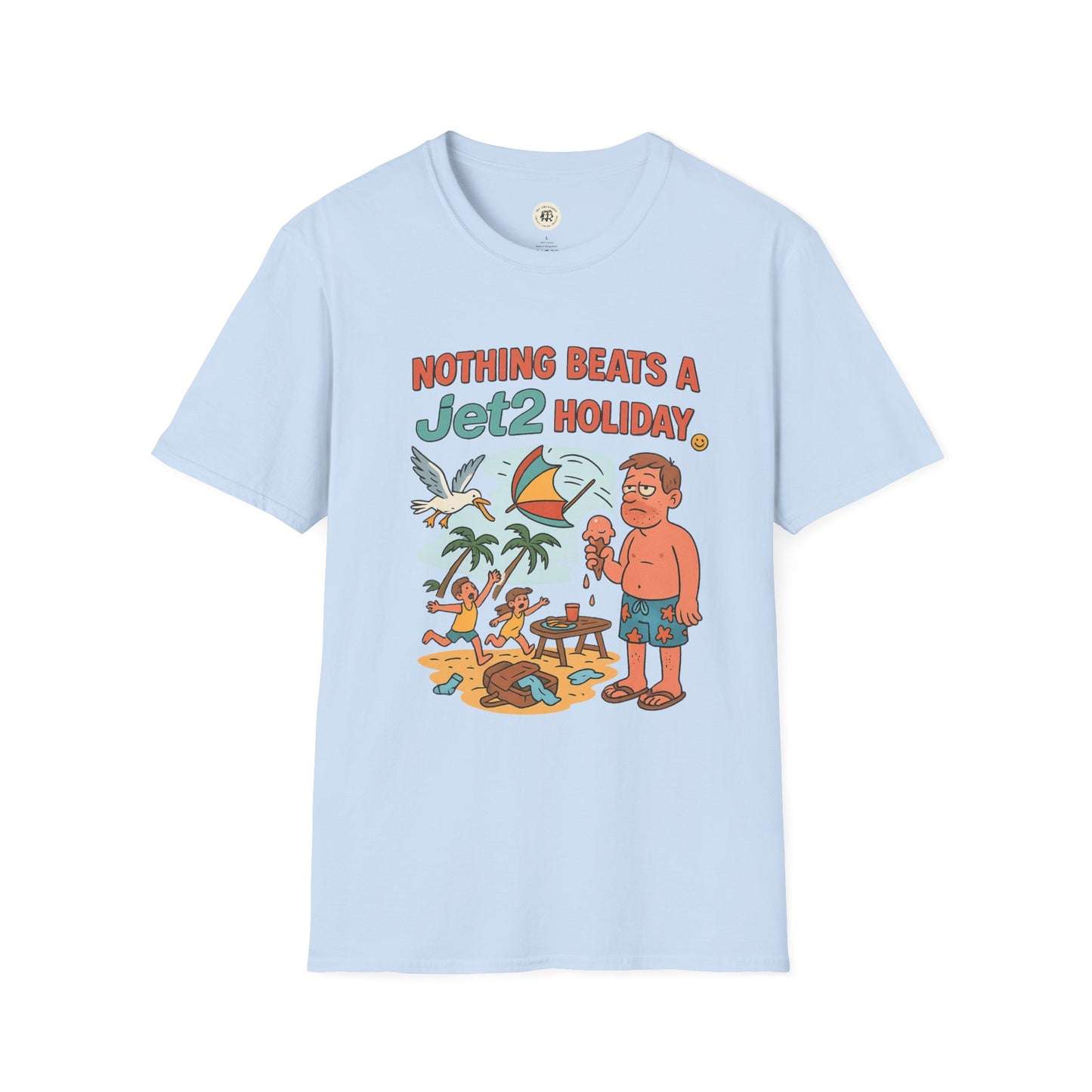 Light blue Jet2 holiday t-shirt with colorful cartoon beach scene and slogan design