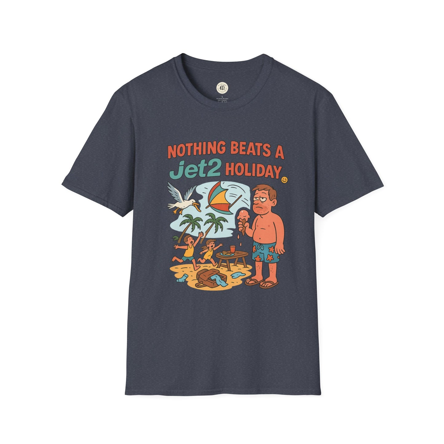 Printify Jet2 holiday t-shirt in dark gray with colorful cartoon beach holiday design