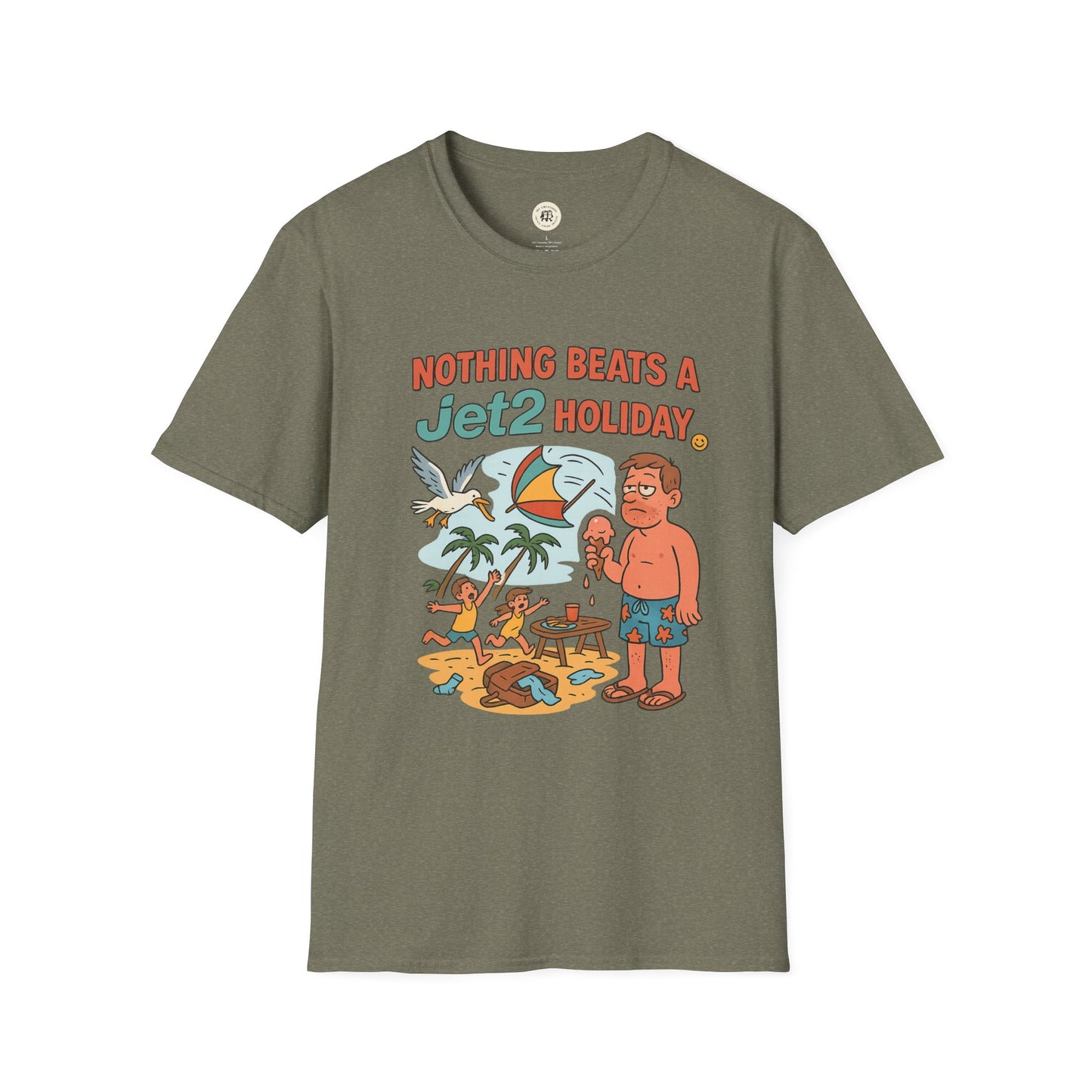 Printify Jet2 holiday t-shirt with funny beach cartoon design and casual fit