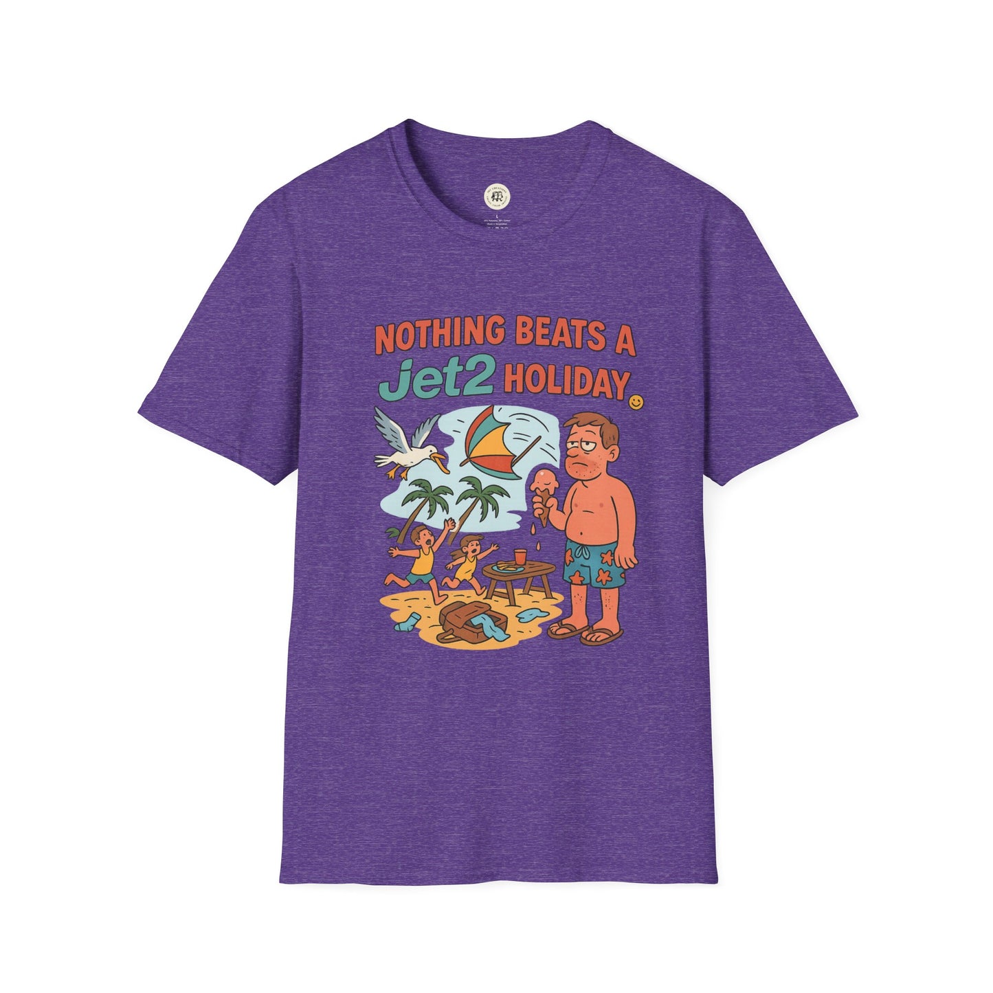 Purple Printify T-shirt featuring colorful cartoon beach scene with text Jet2 holiday t-shirt