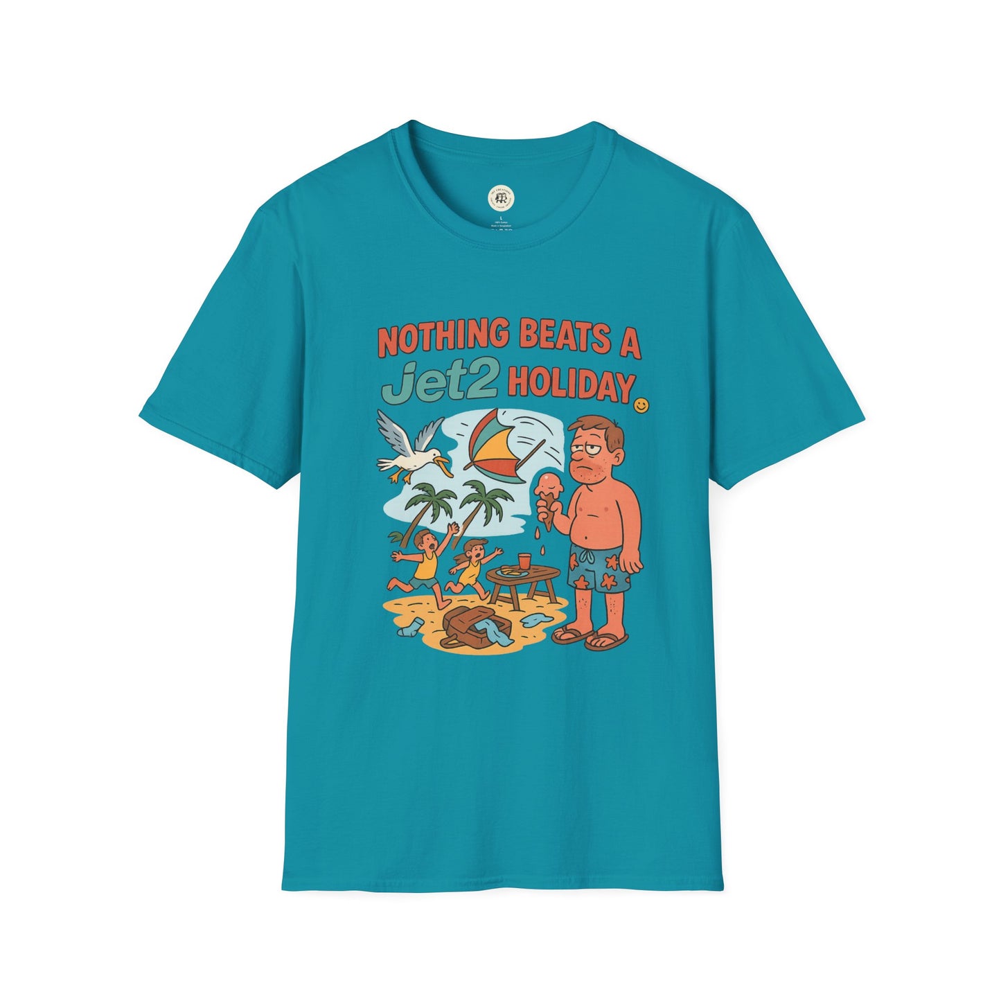 Turquoise Printify T-shirt with colorful cartoon beach design and Jet2 holiday t-shirt text
