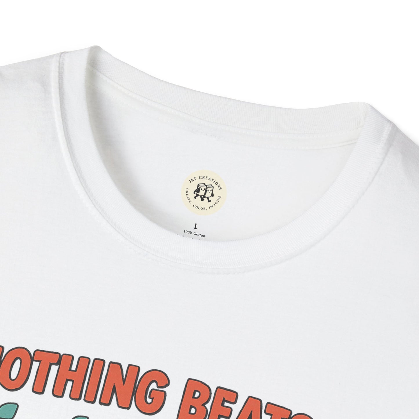 Close-up of a white Printify Jet2 holiday t-shirt with colorful text design and round neckline