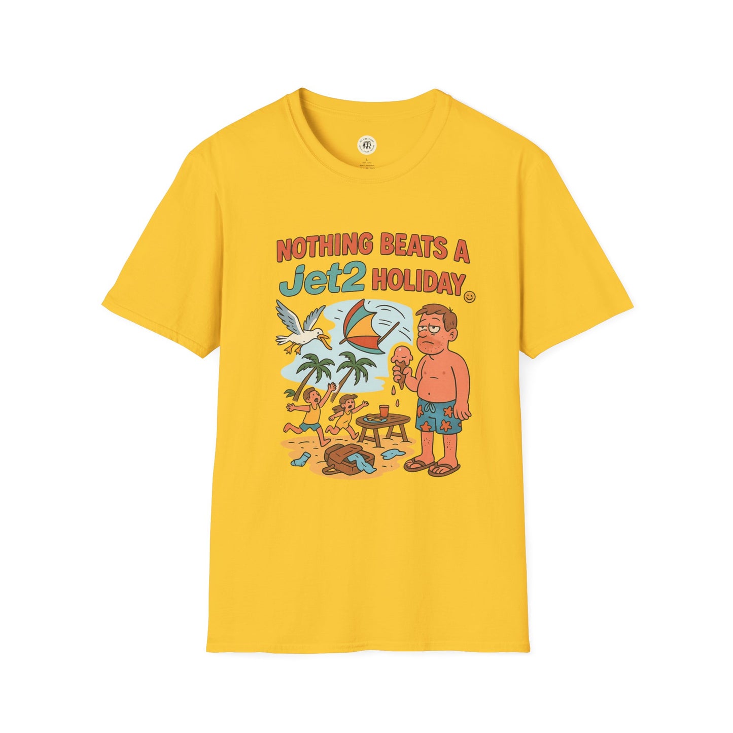 Yellow Printify T-shirt with cartoon design and text Nothing Beats A Jet2 Holiday t-shirt