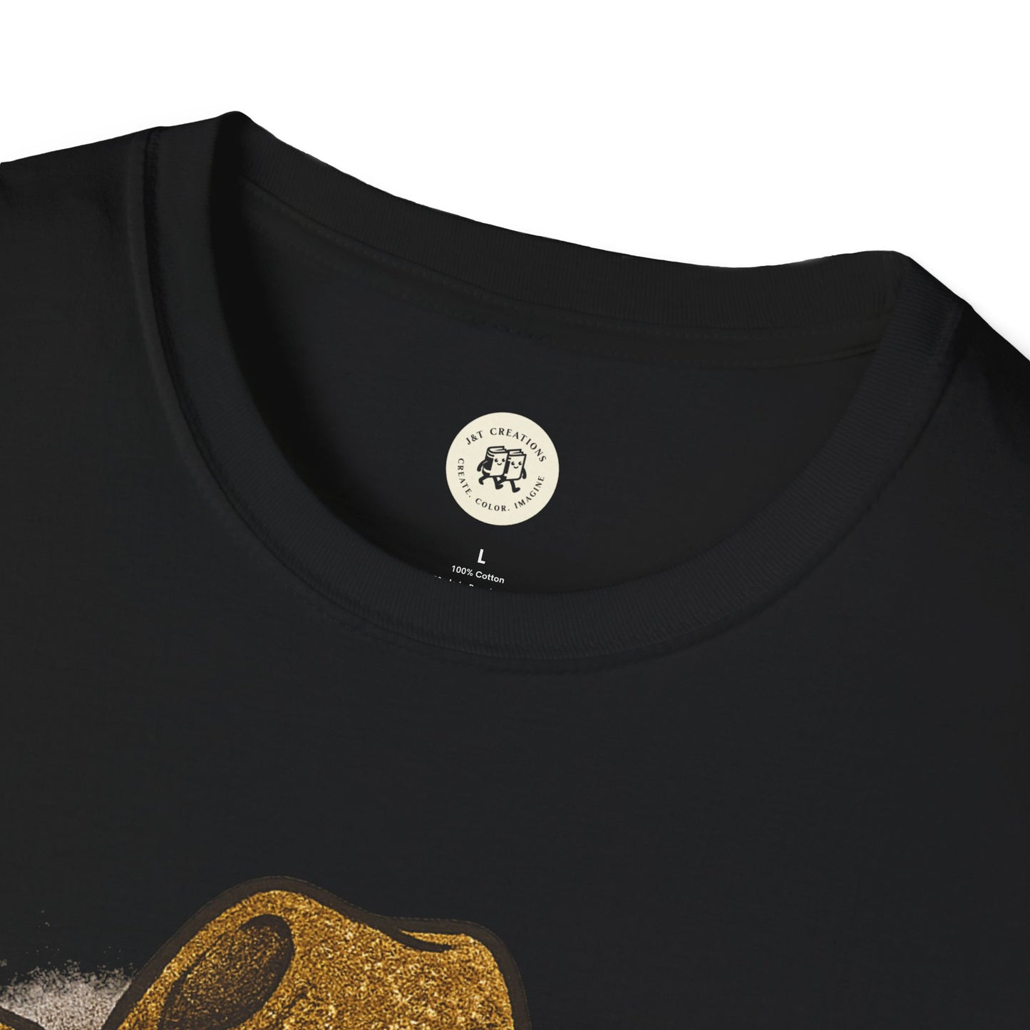 Printify black t shirt closeup showing neckline and partial gold haunted hat graphic wild and spooky Halloween shirt