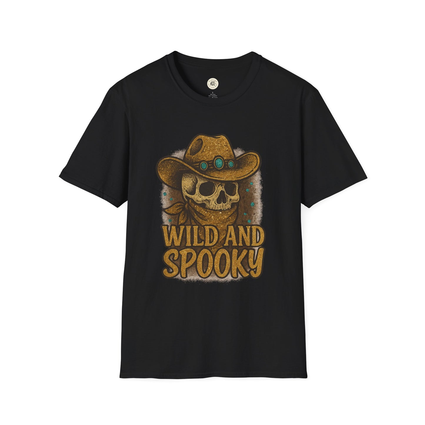 Printify black T shirt with skull wearing cowboy hat and bandana and wild and spooky Halloween shirt design