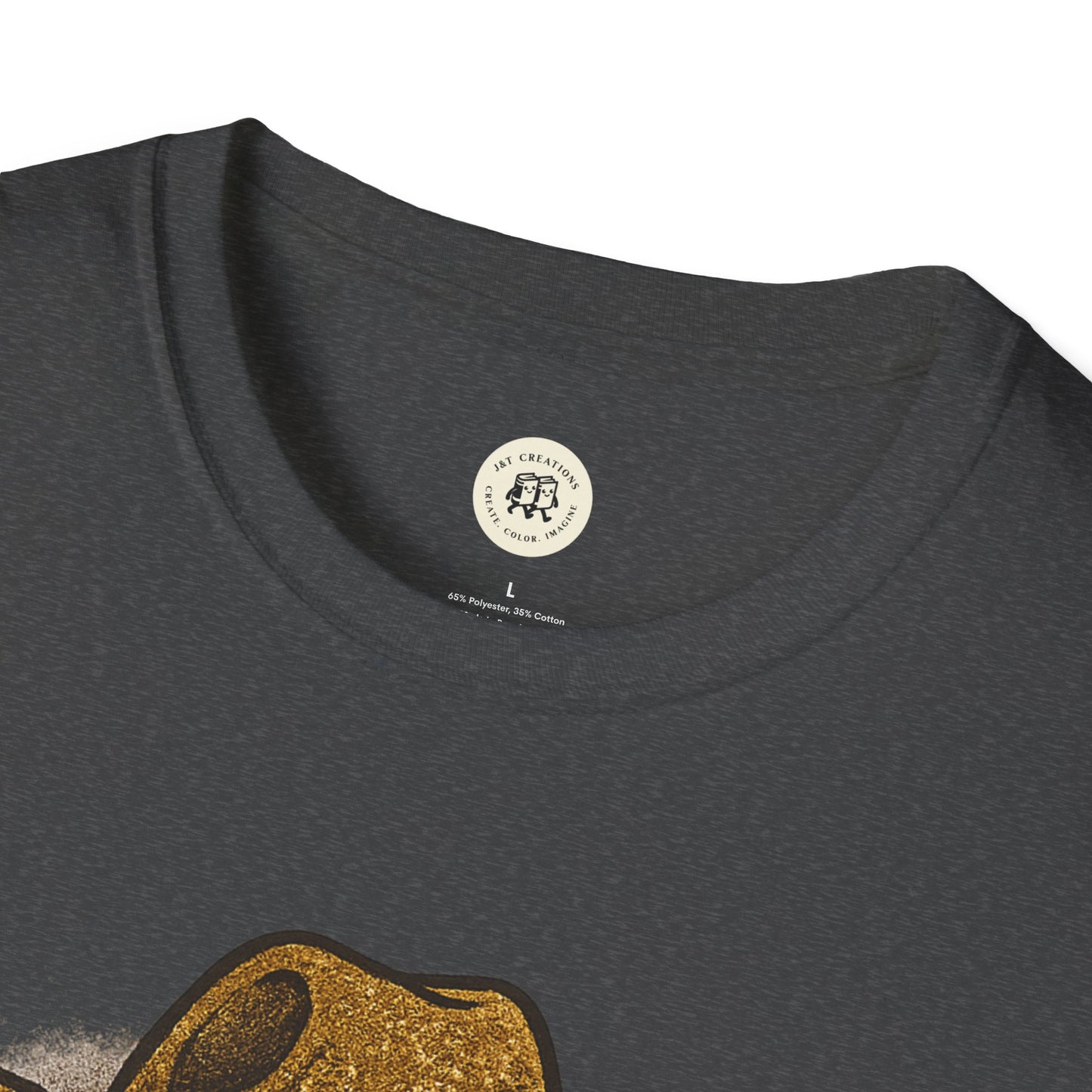 Printify dark gray T shirt close up showing crew neck and gold textured graphic on chest wild and spooky Halloween shirt