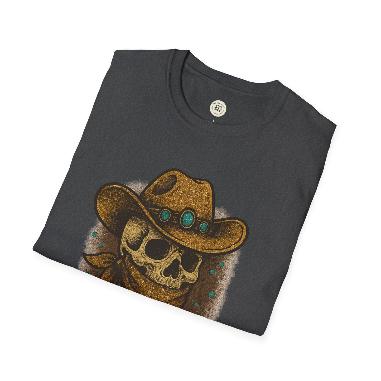 Printify dark gray T shirt folded with skull cowboy design and turquoise accents wild and spooky Halloween shirt