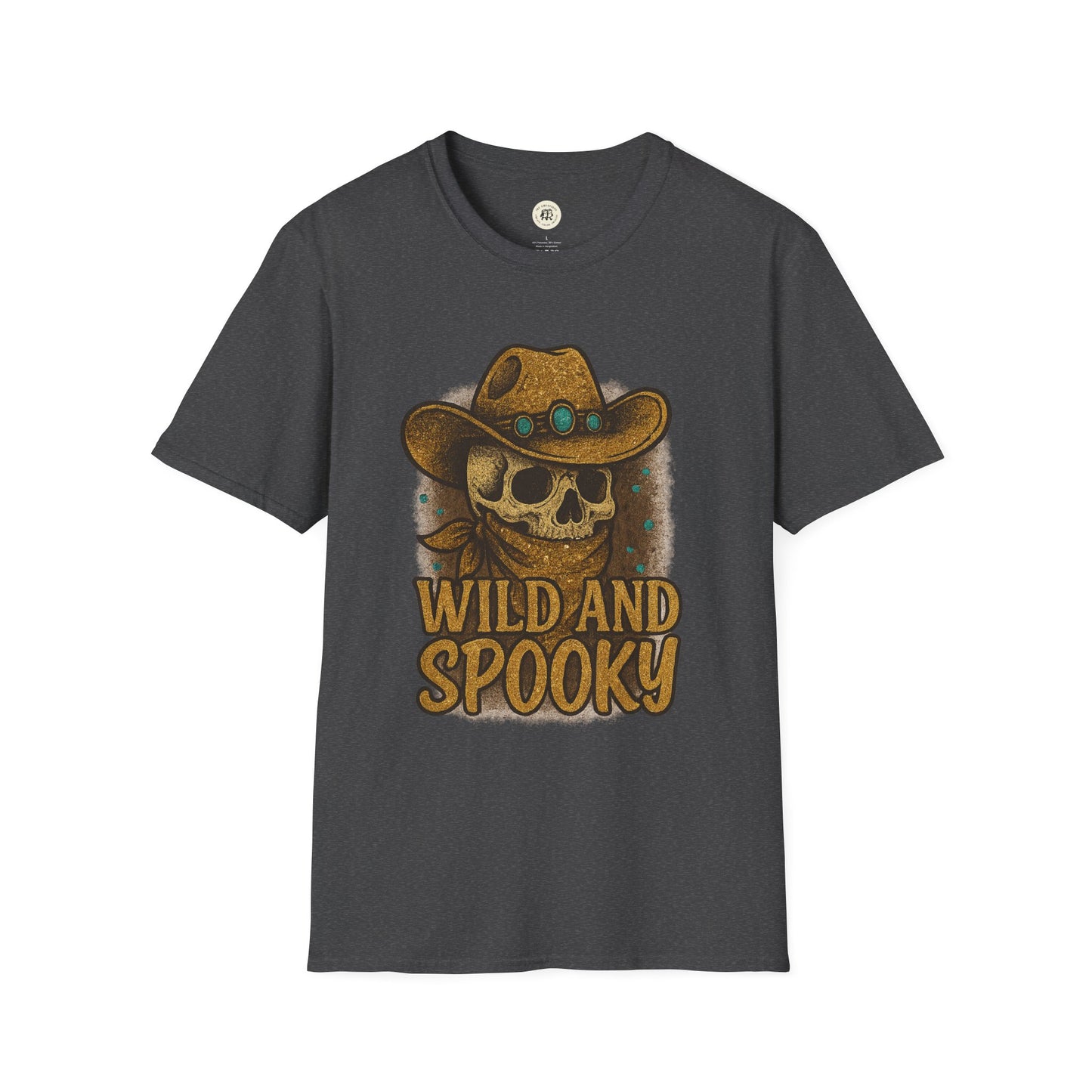 Printify dark gray T shirt featuring skull in cowboy hat and bold text wild and spooky Halloween shirt design