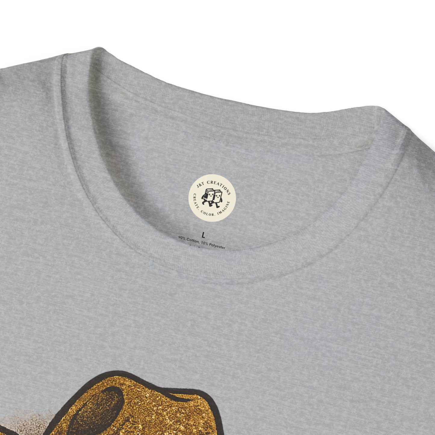 Printify grey T shirt with crew neck and partial gold glitter skull print wild and spooky Halloween shirt