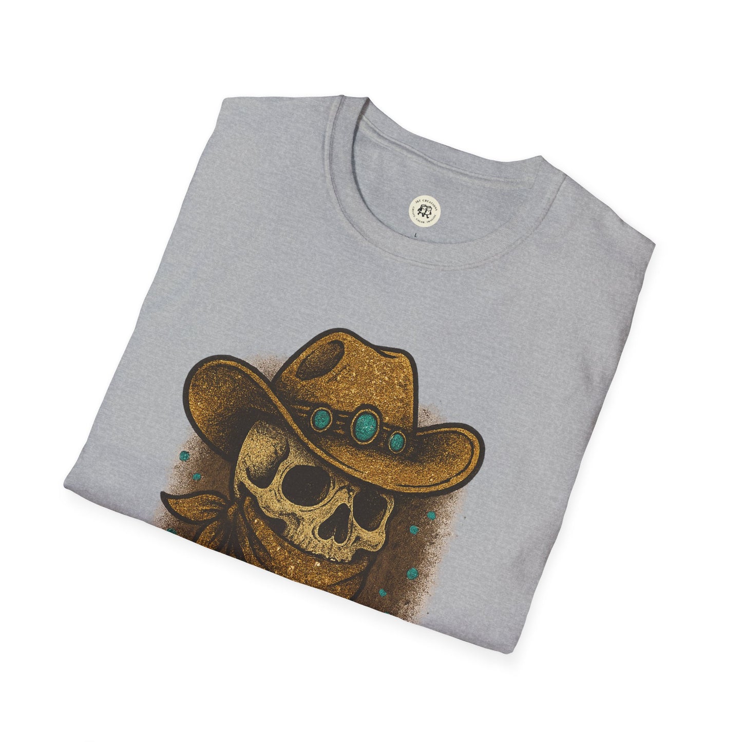 Folded gray Printify T Shirt with skull wearing cowboy hat and bandana vintage graphic wild and spooky Halloween shirt