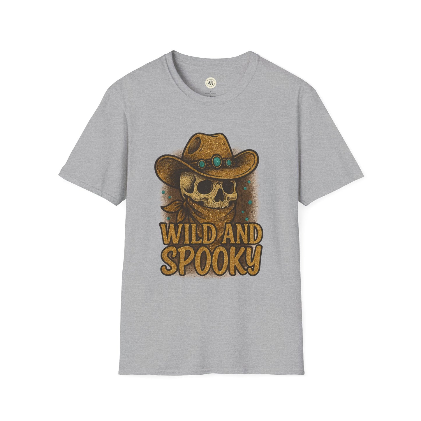 Printify grey T shirt with skull wearing cowboy hat bandana and turquoise accents wild and spooky Halloween shirt