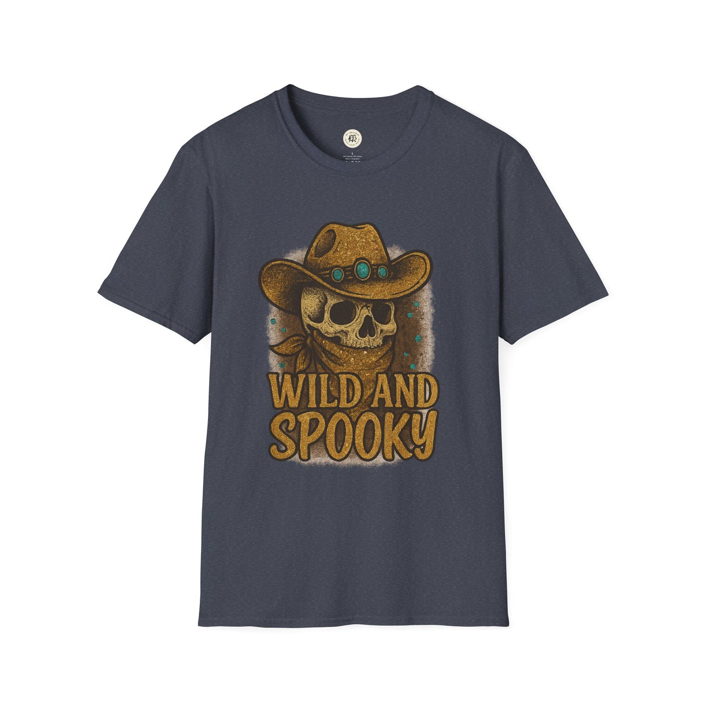 Printify charcoal T shirt with skull wearing cowboy hat bandana and text wild and spooky Halloween shirt