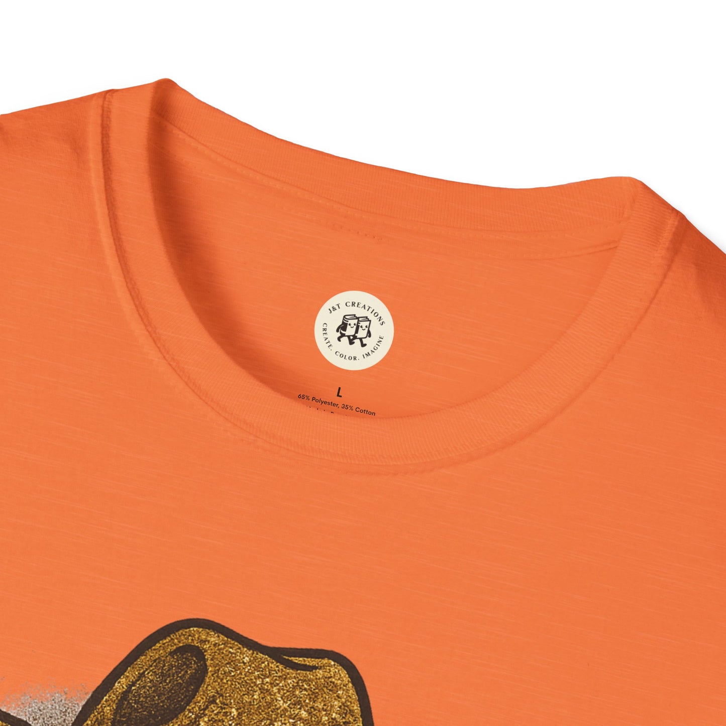 Orange crew neck T shirt close up showing neckline and glitter gold graphic print on cotton wild and spooky Halloween shirt