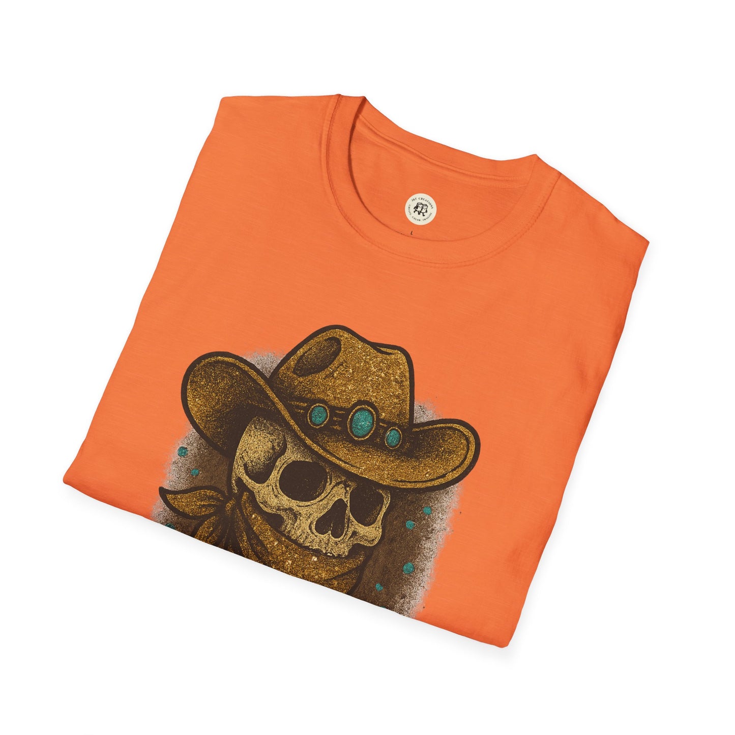 Printify orange T shirt folded with skull wearing cowboy hat and bandana graphic wild and spooky Halloween shirt
