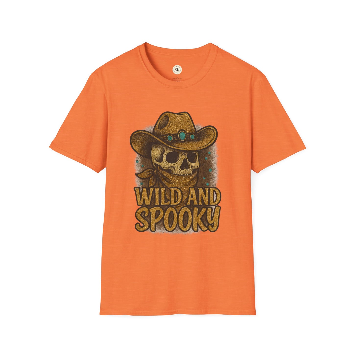 Printify orange T shirt with skull in cowboy hat and vintage lettering wild and spooky Halloween shirt for parties