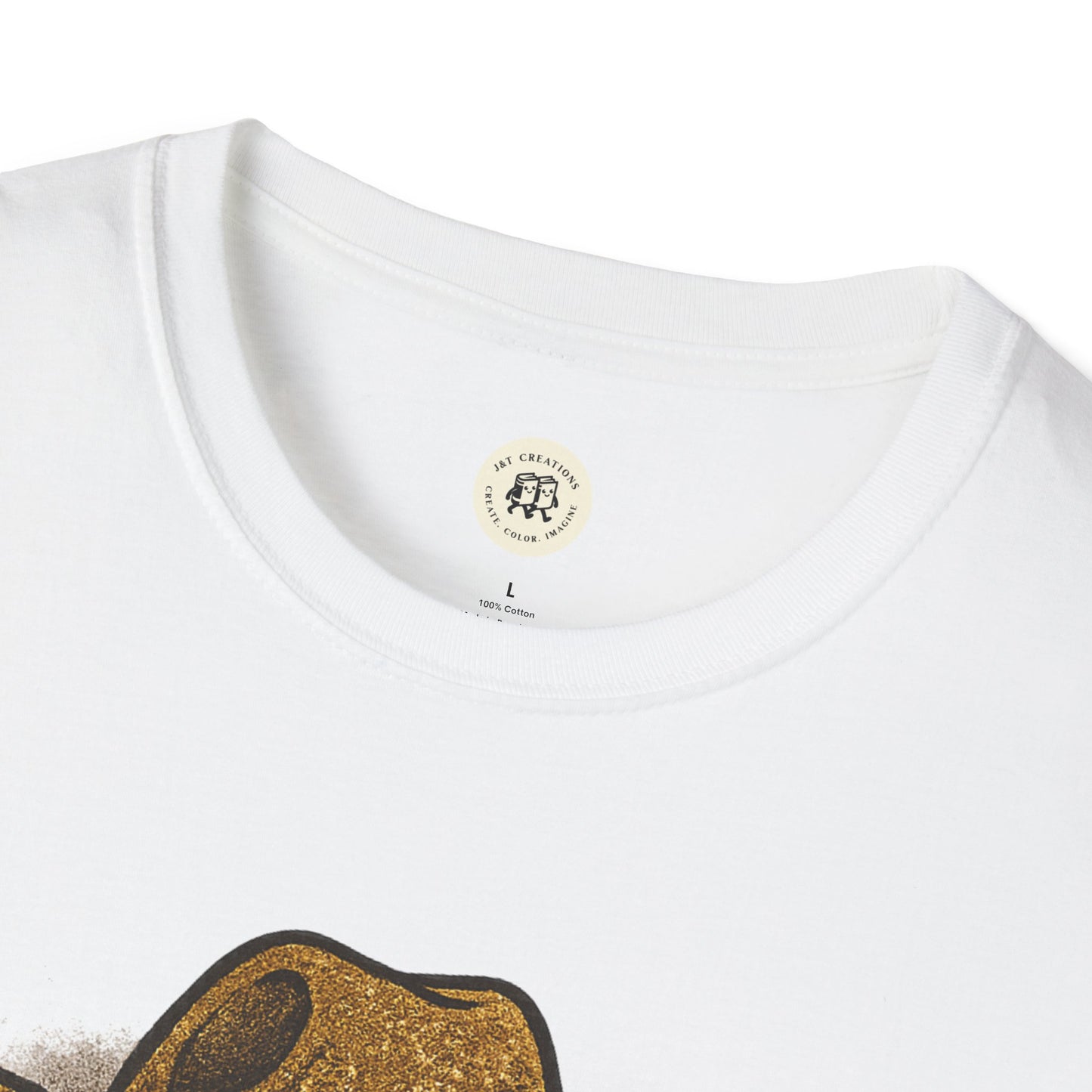 Printify white T shirt closeup with gold speckled witch hat print wild and spooky Halloween shirt