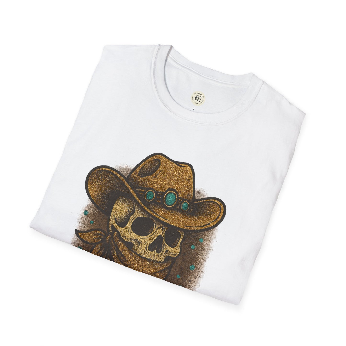 Printify white T shirt featuring a skull in a cowboy hat and bandana with turquoise accents wild and spooky Halloween shirt