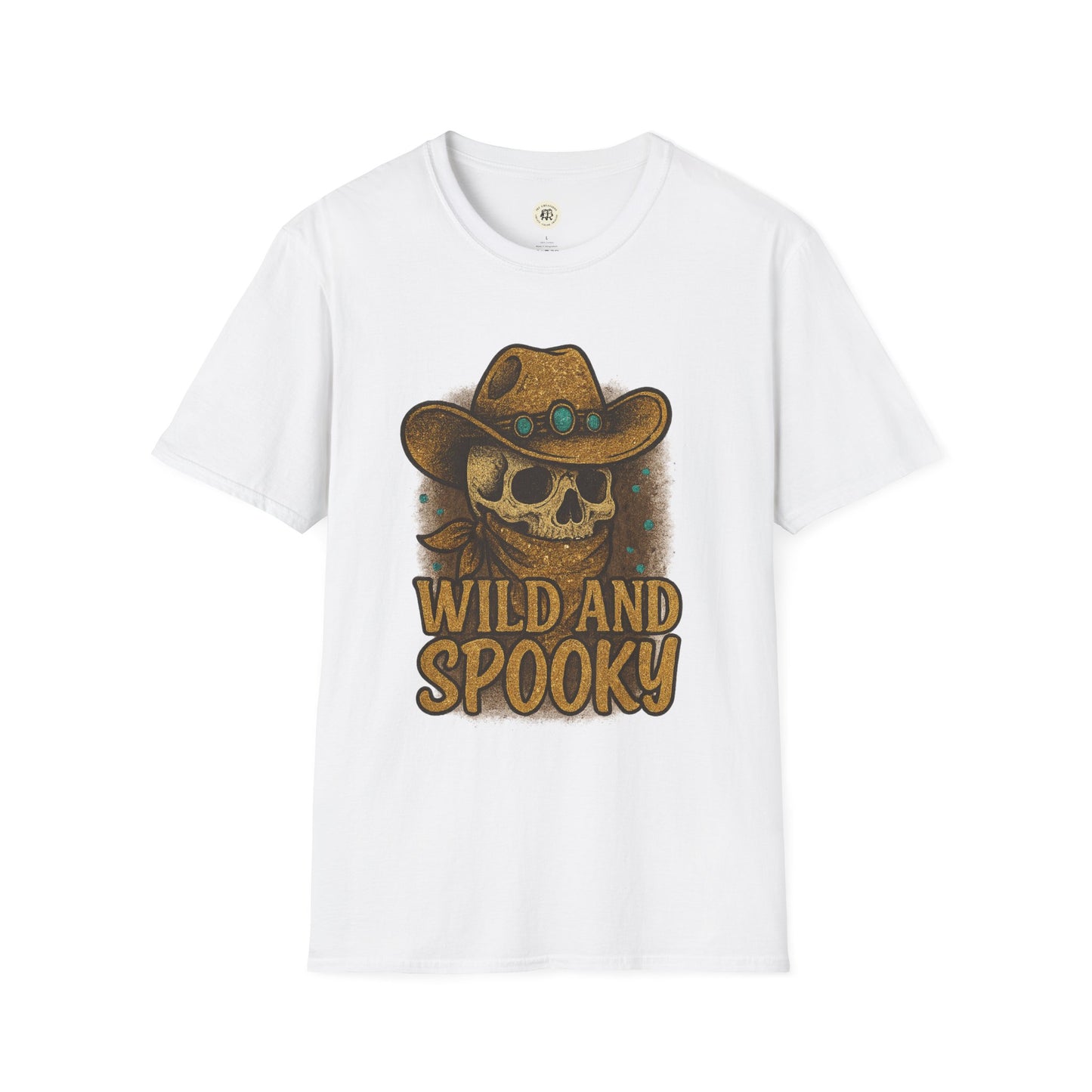 Printify white T shirt with skull wearing cowboy hat and bandana with Wild and Spooky graphic wild and spooky Halloween shirt