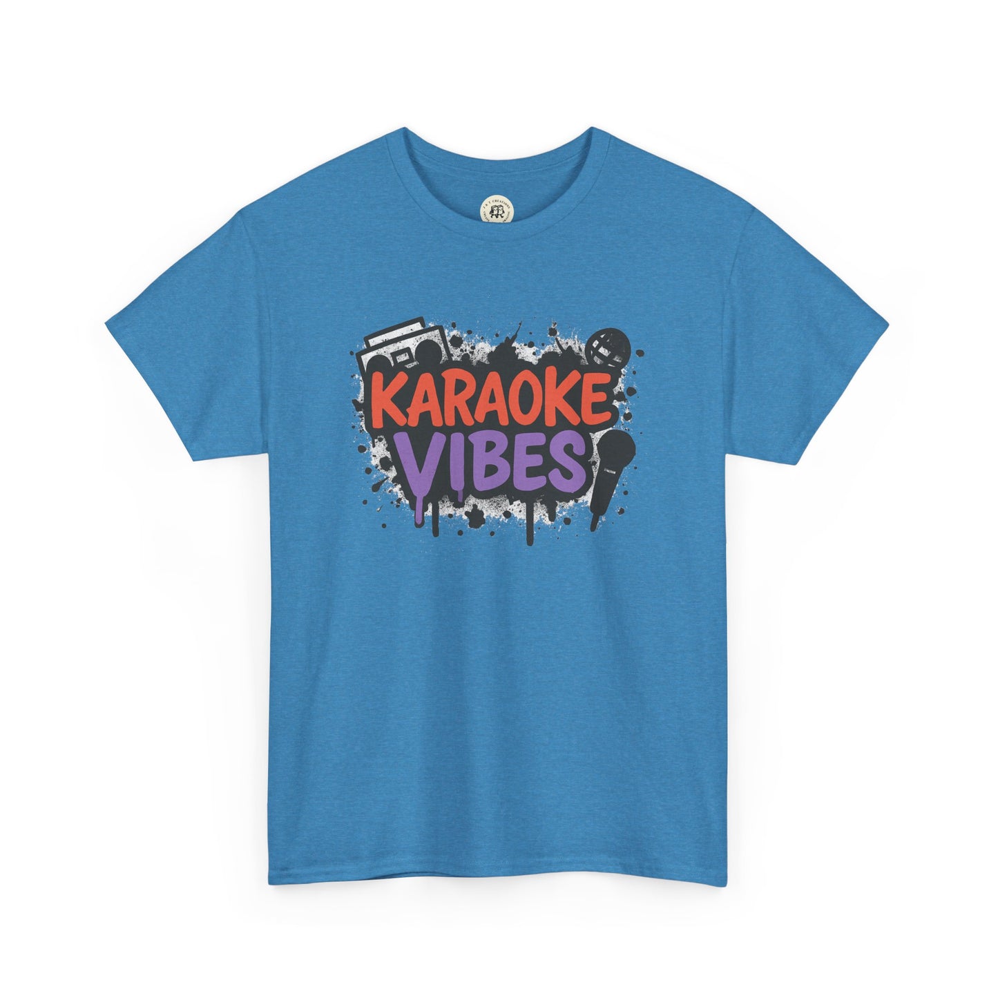 Blue Printify karaoke t-shirt for parties with colorful Karaoke Vibes graphic and microphone design