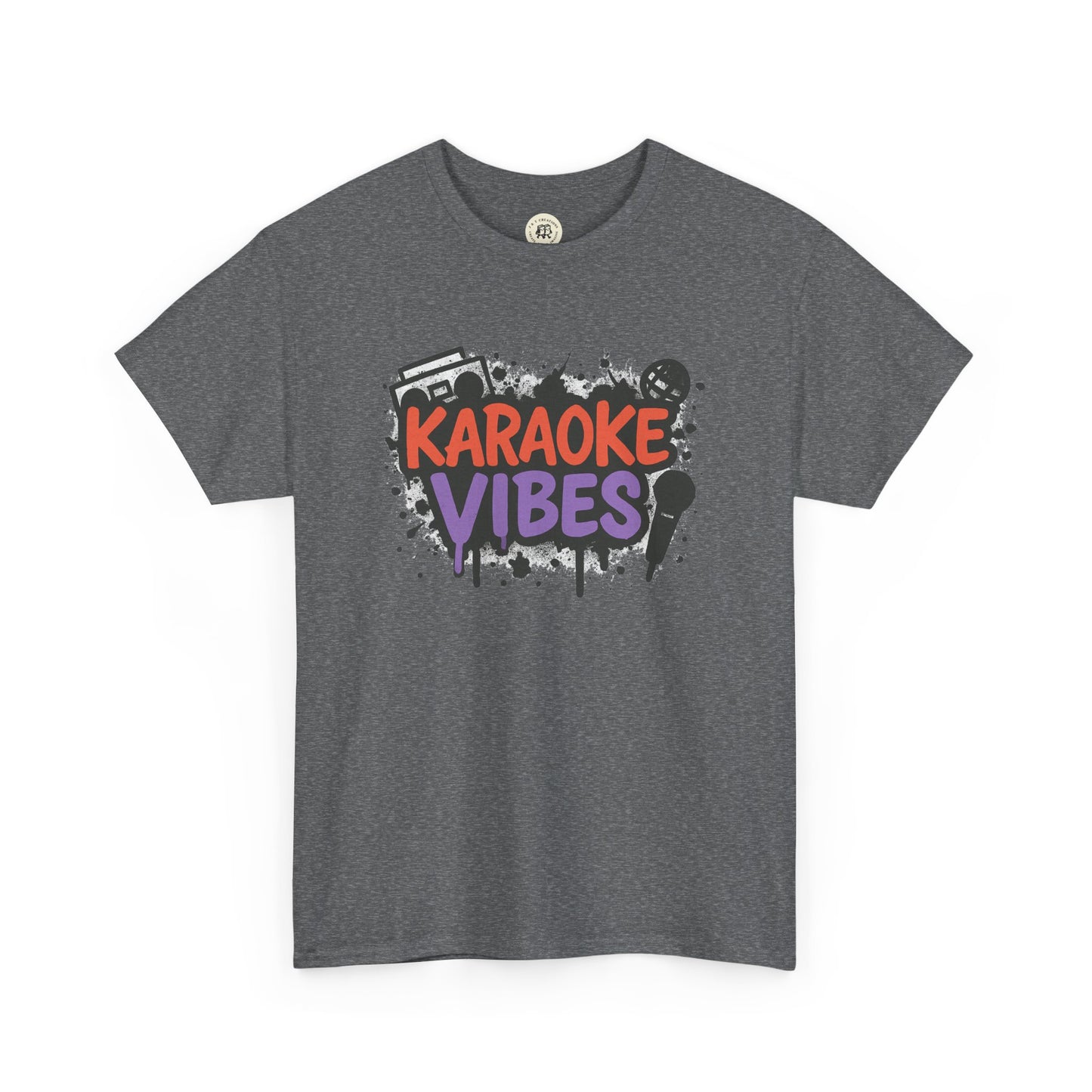 Gray Printify karaoke t-shirt for parties with colorful Karaoke Vibes graphic and microphone design