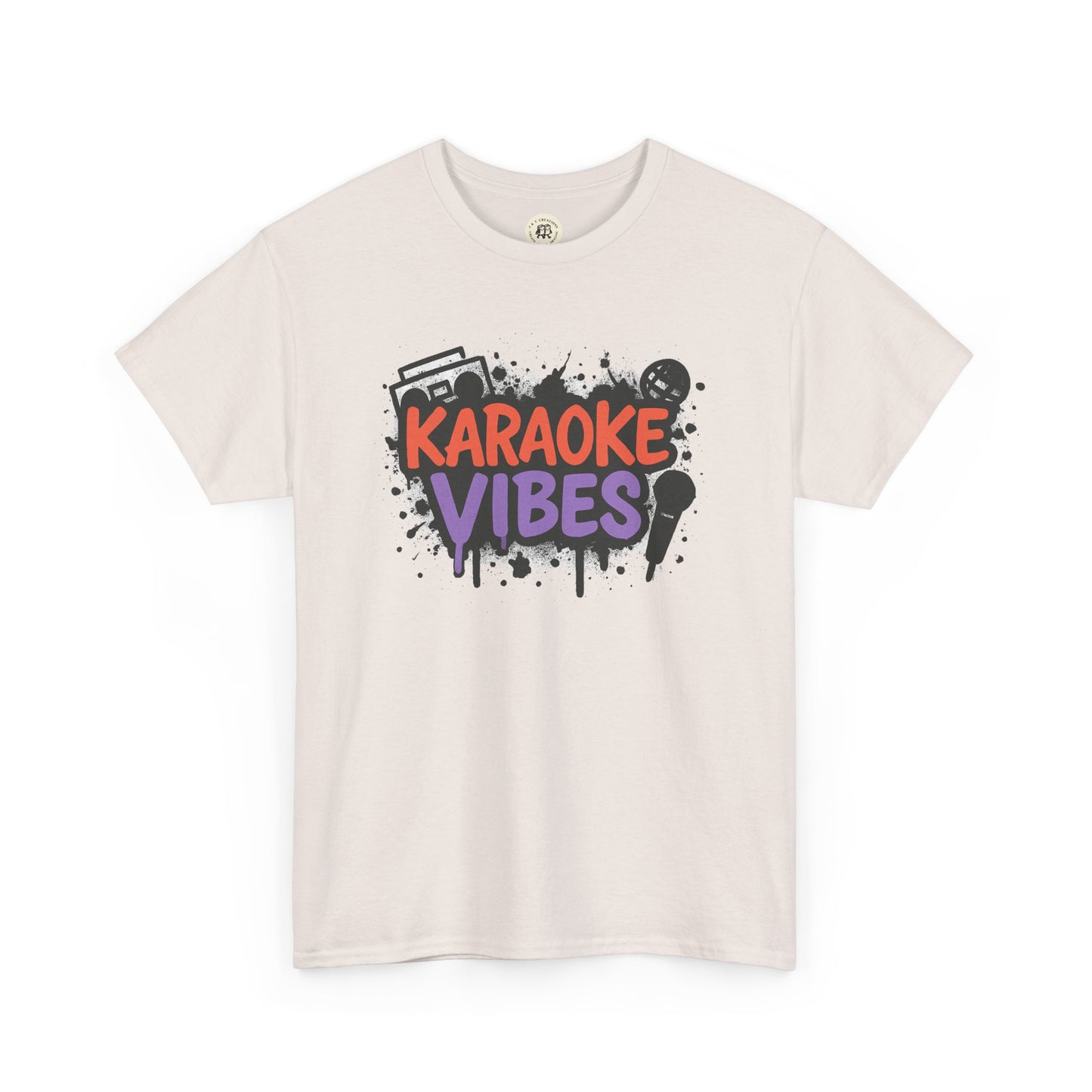 White Printify karaoke t-shirt for parties with colorful karaoke vibes graphic and microphone design