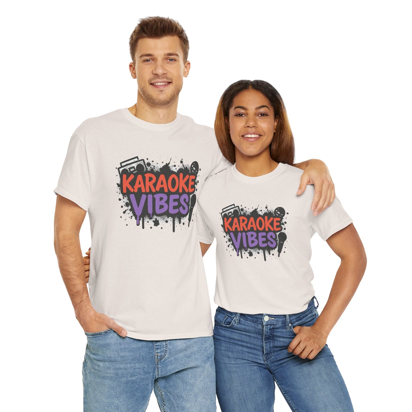 Couple wearing white karaoke t-shirt for parties with colorful karaoke vibes print
