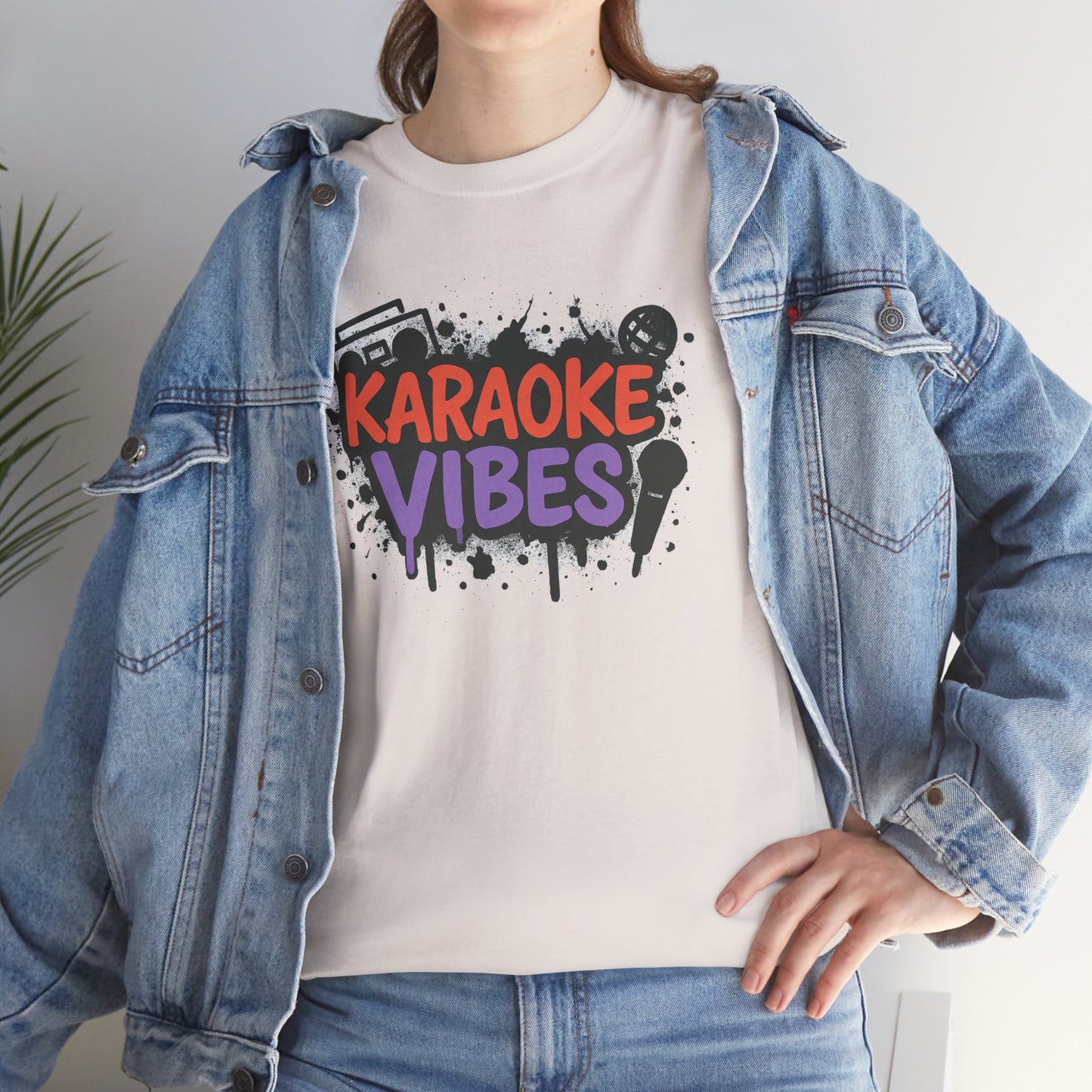 Karaoke vibes graphic on white karaoke t-shirt for parties worn with denim jacket