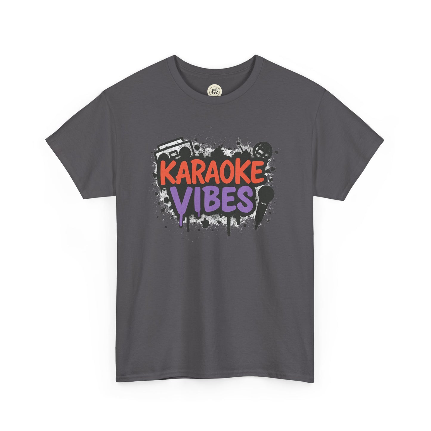Gray karaoke t-shirt for parties with colorful Karaoke Vibes text and microphone graphic