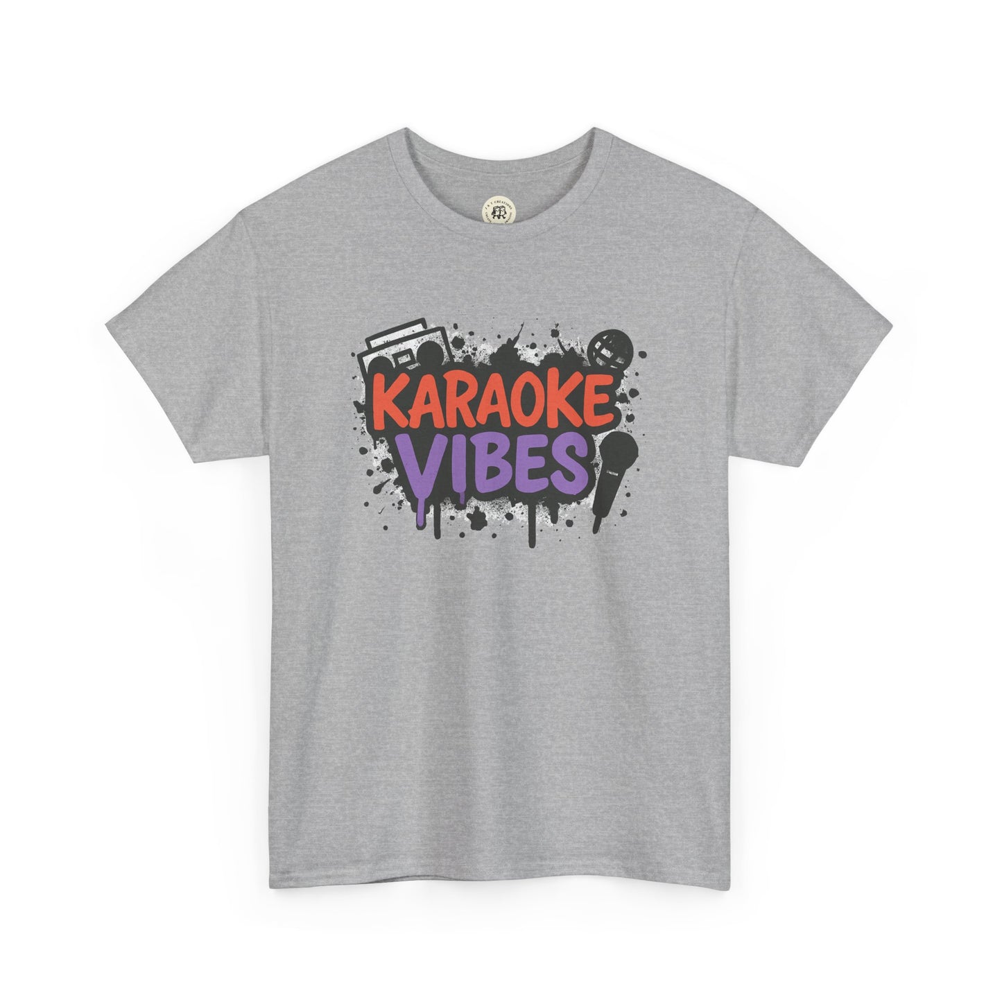 Gray Printify t-shirt with colorful Karaoke Vibes graphic perfect karaoke t-shirt for parties