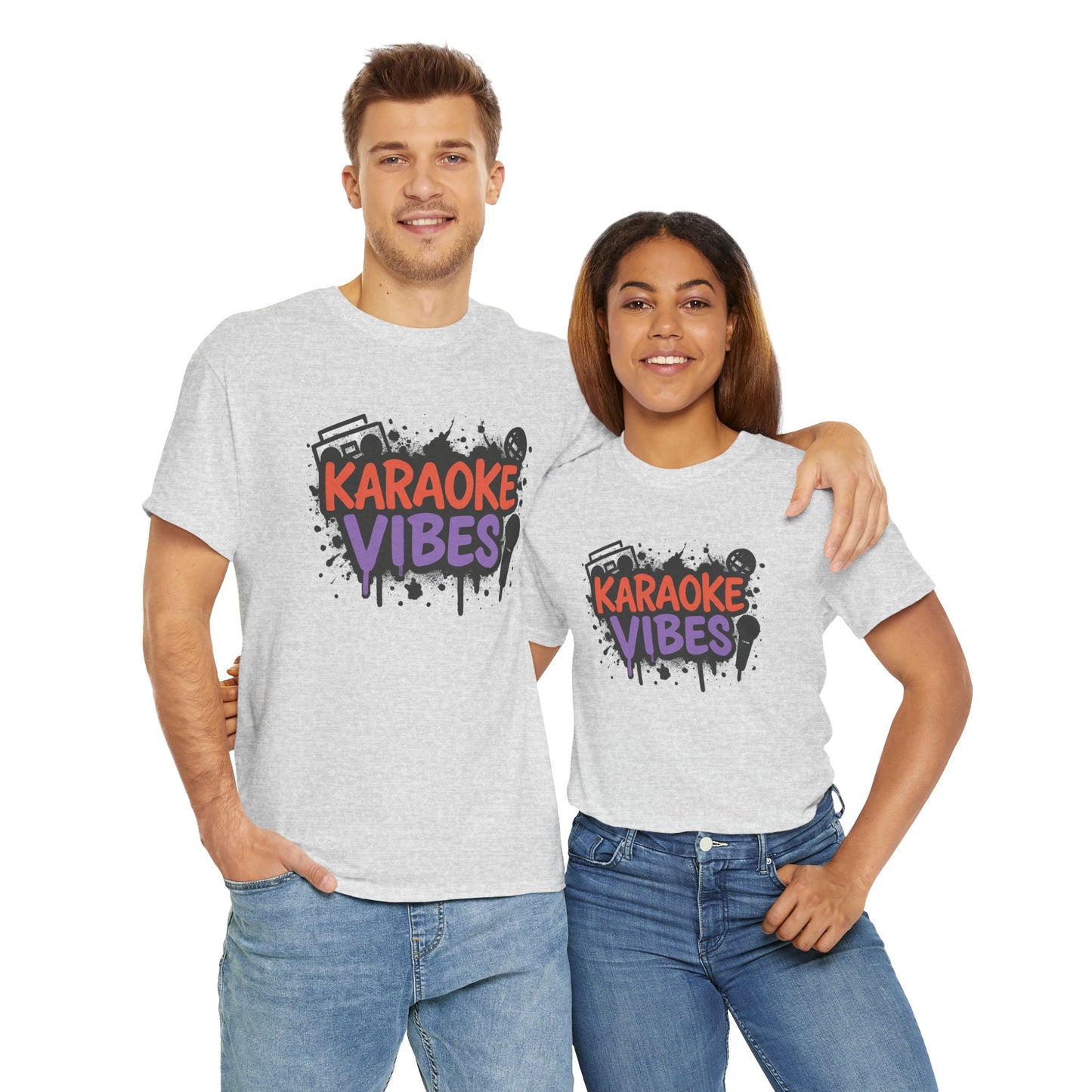 Printify karaoke t-shirt for parties with karaoke vibes graphic worn by smiling man and woman