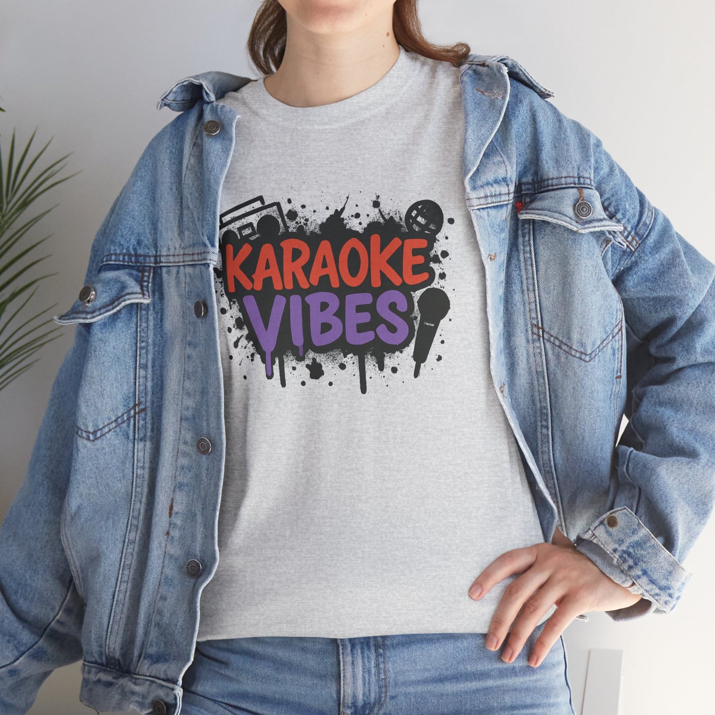 Gray karaoke t-shirt for parties with colorful karaoke vibes design worn under a denim jacket