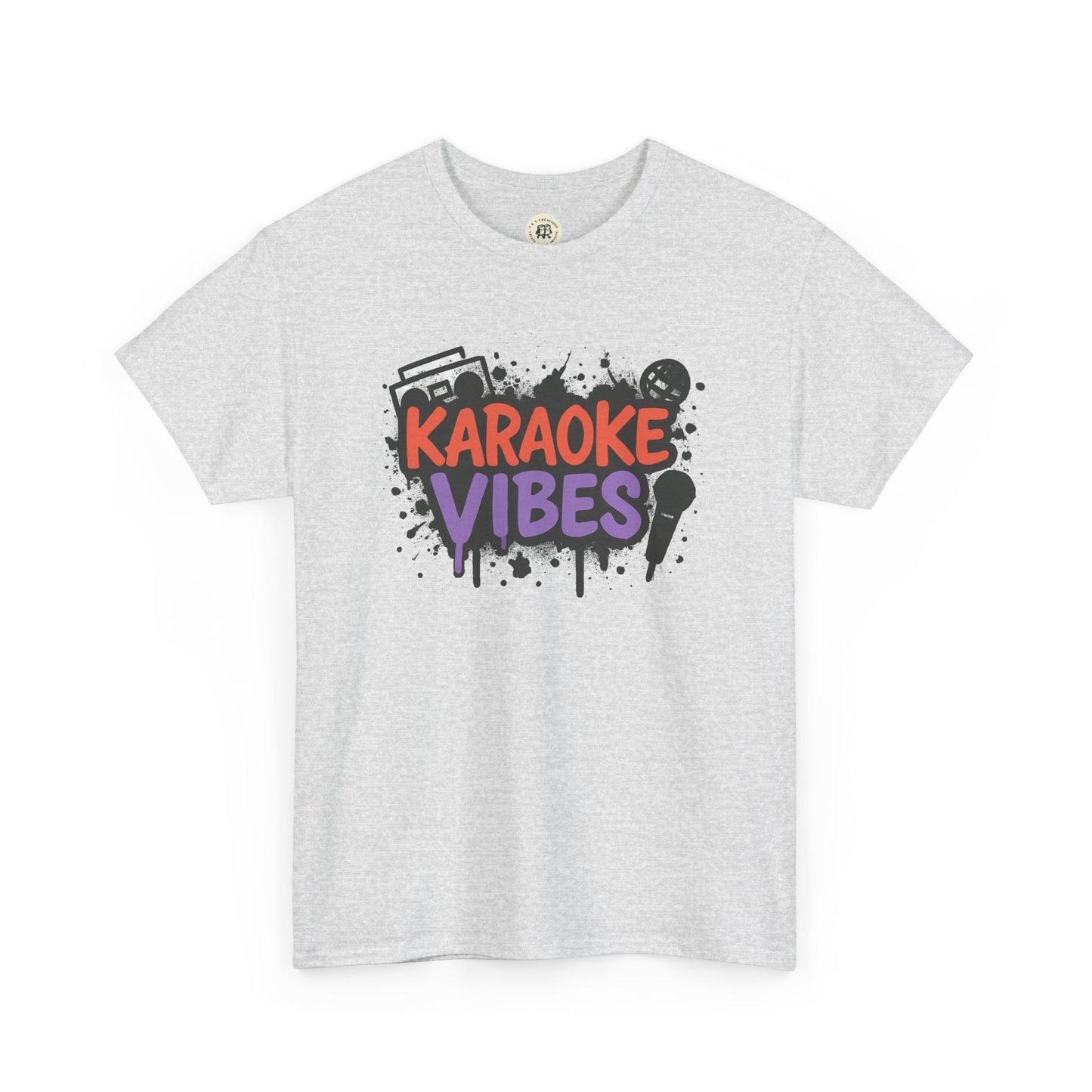 Printify gray karaoke t-shirt for parties with colorful karaoke vibes graphic and microphone design