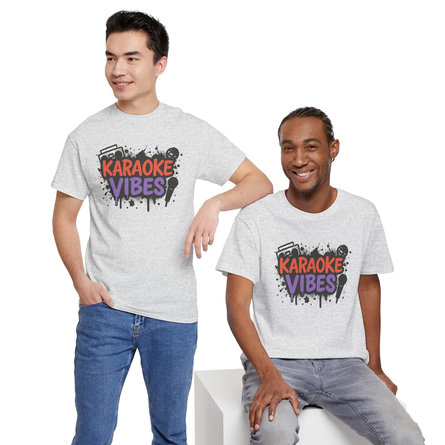 Printify karaoke t-shirt for parties with colorful Karaoke Vibes graphic worn by two men