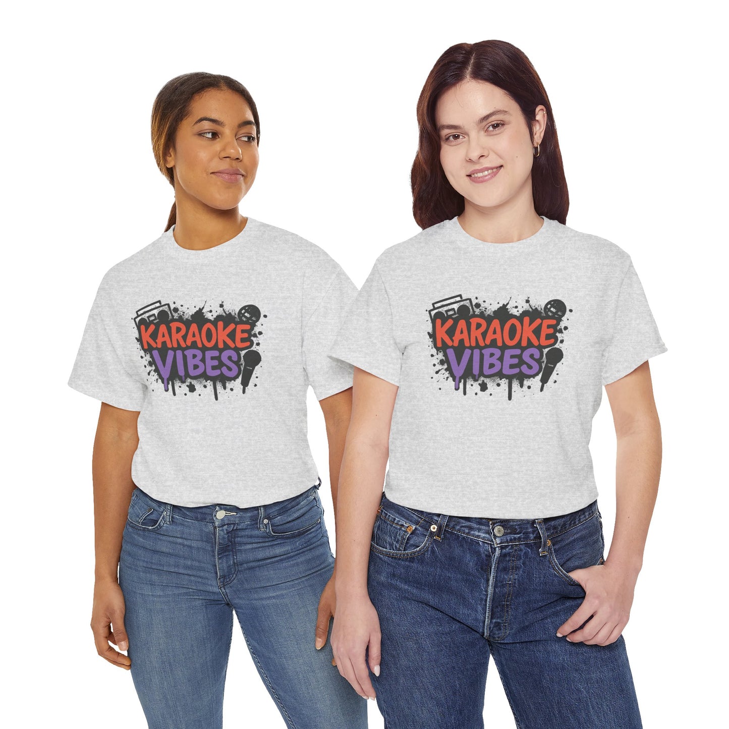 Two women wearing gray karaoke t-shirt for parties with colorful karaoke vibes print