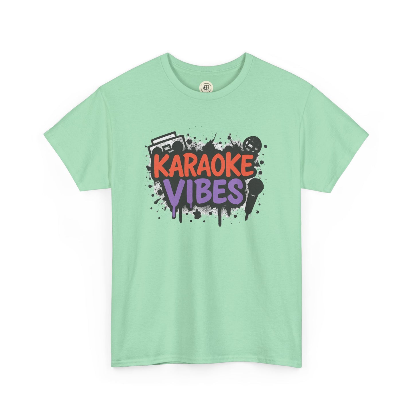 Mint green karaoke t-shirt for parties with colorful karaoke vibes graphic and microphone design