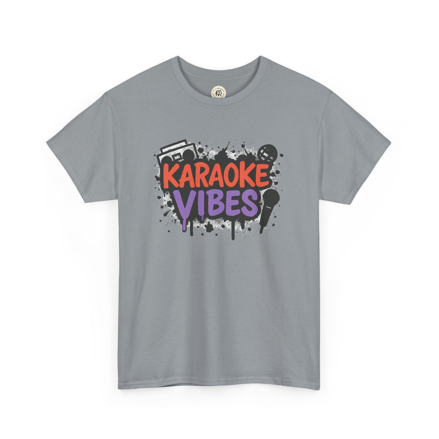 Gray karaoke t-shirt for parties with colorful karaoke vibes graphic and microphone design