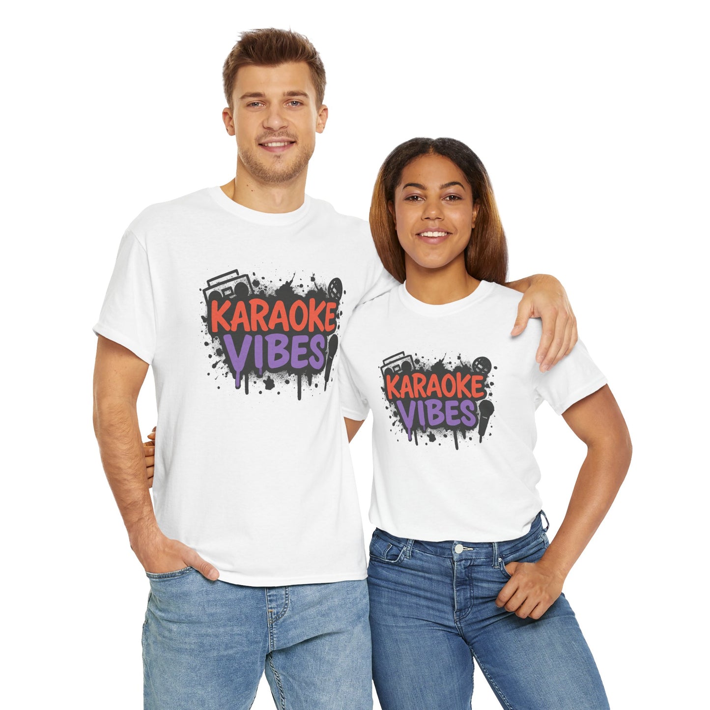 White karaoke t-shirt for parties with colorful karaoke vibes design worn by smiling man and woman