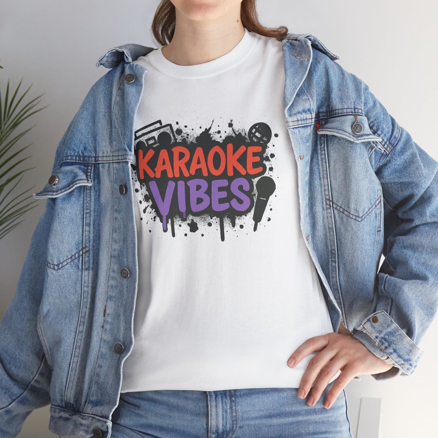 White karaoke t-shirt for parties with colorful karaoke vibes graphic worn with denim jacket