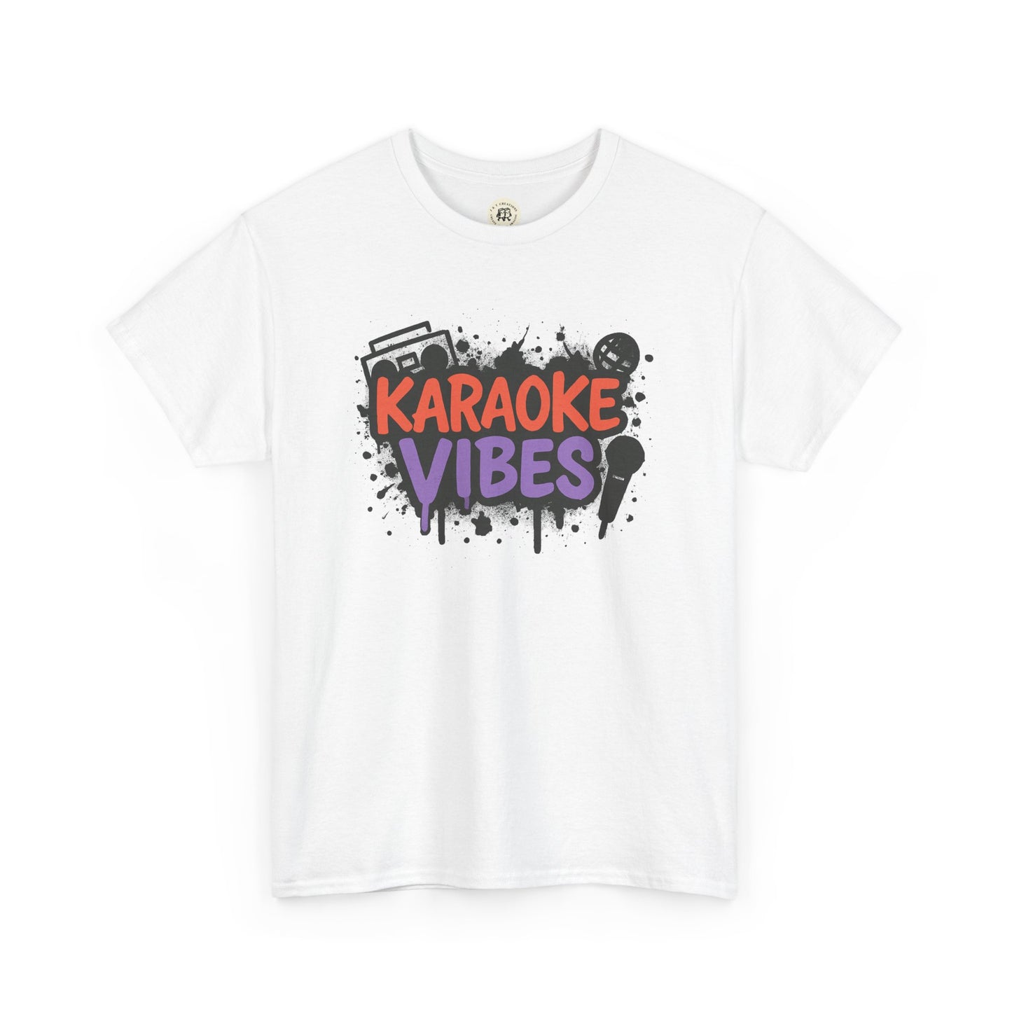 White Printify karaoke t-shirt for parties with colorful Karaoke Vibes graphic and microphone design
