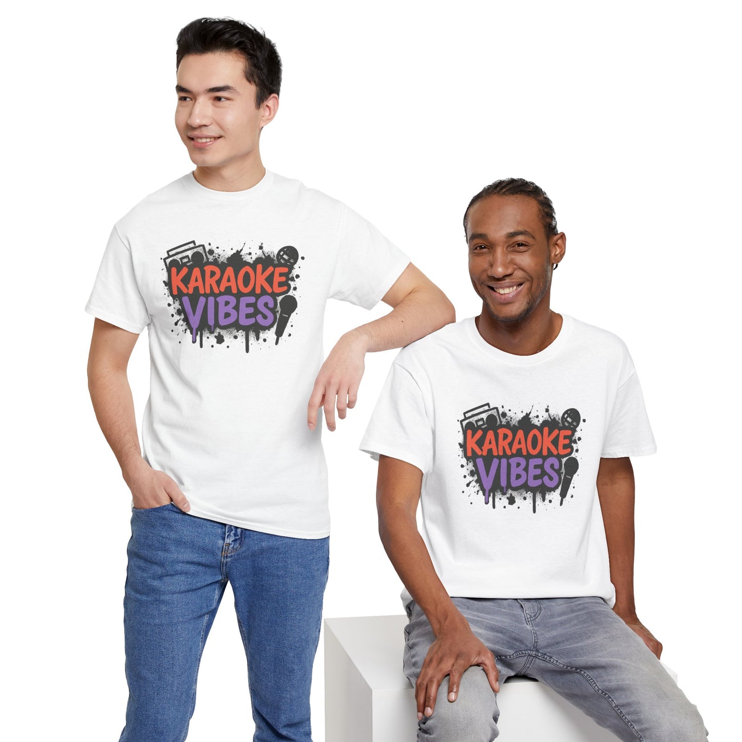 Printify white karaoke t-shirt for parties with colorful karaoke vibes graphic worn by two men