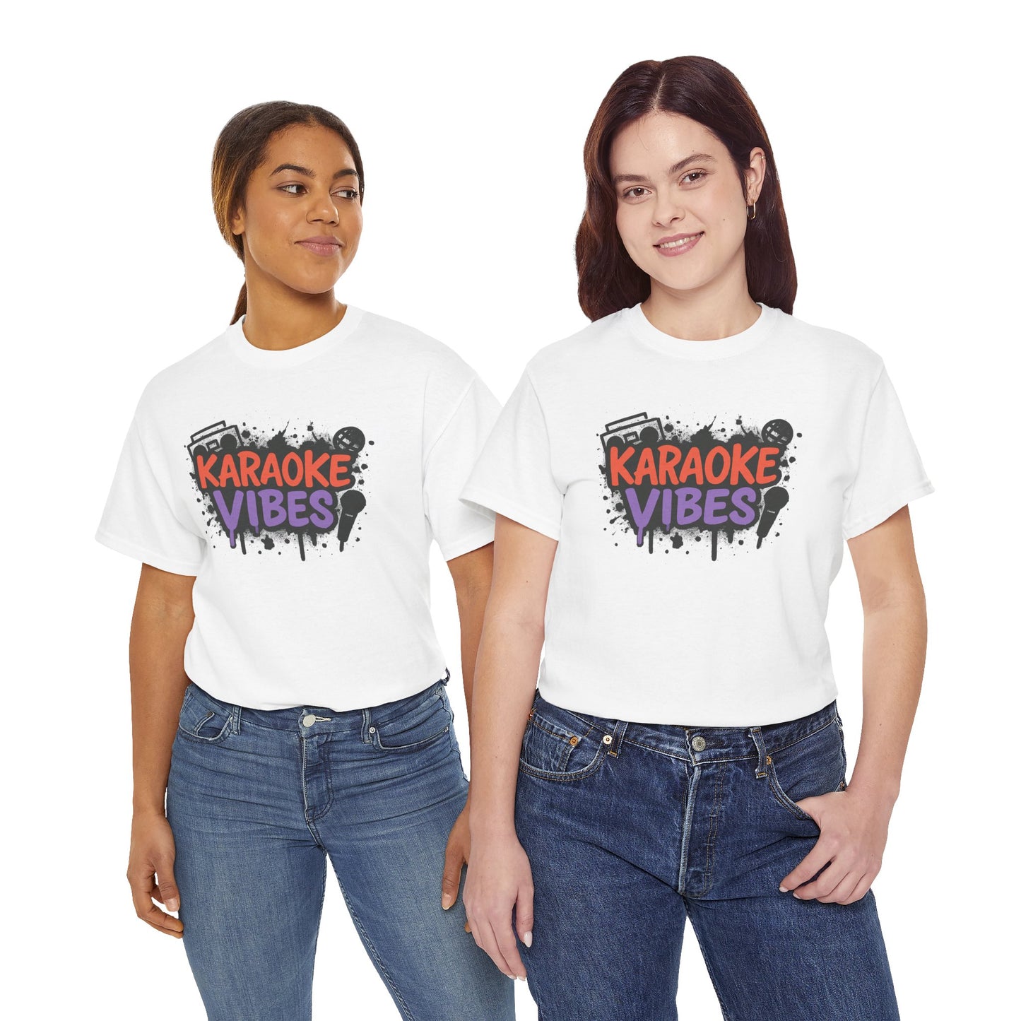 Two women wearing white karaoke t-shirt for parties with colorful Karaoke Vibes graphic print