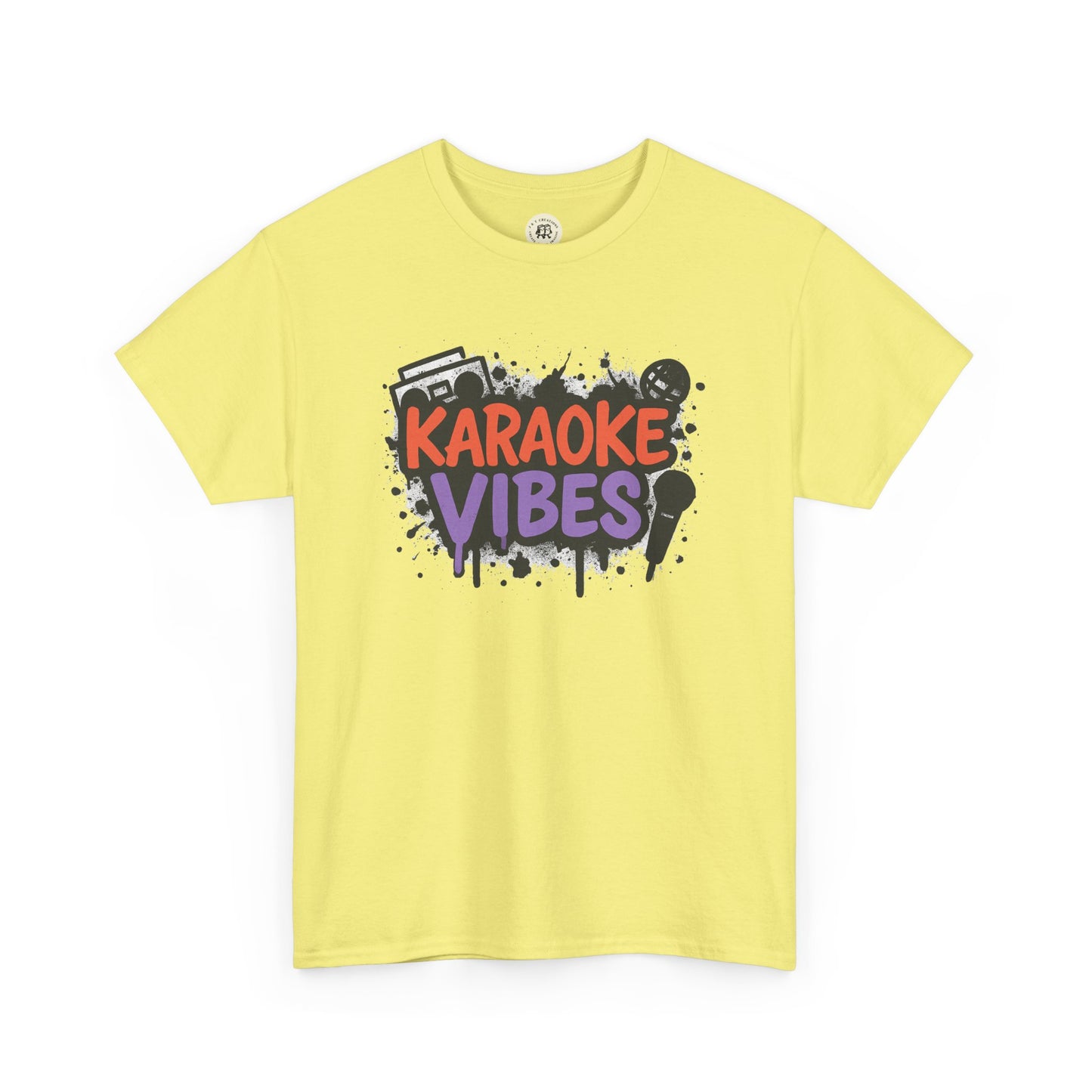 Yellow karaoke t-shirt for parties with colorful karaoke vibes graphic and microphone design