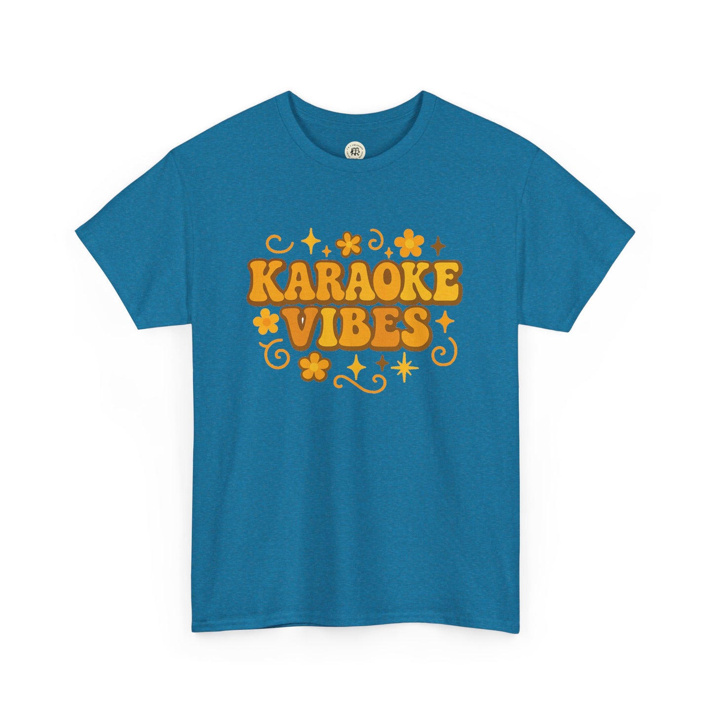 Blue karaoke vibes t-shirt with retro yellow text and flower graphic design by Printify