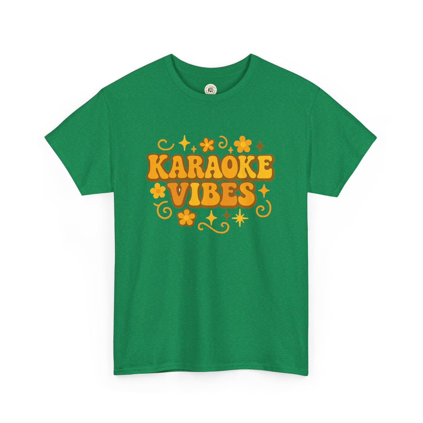 Green Printify karaoke vibes t-shirt with retro yellow floral lettering design