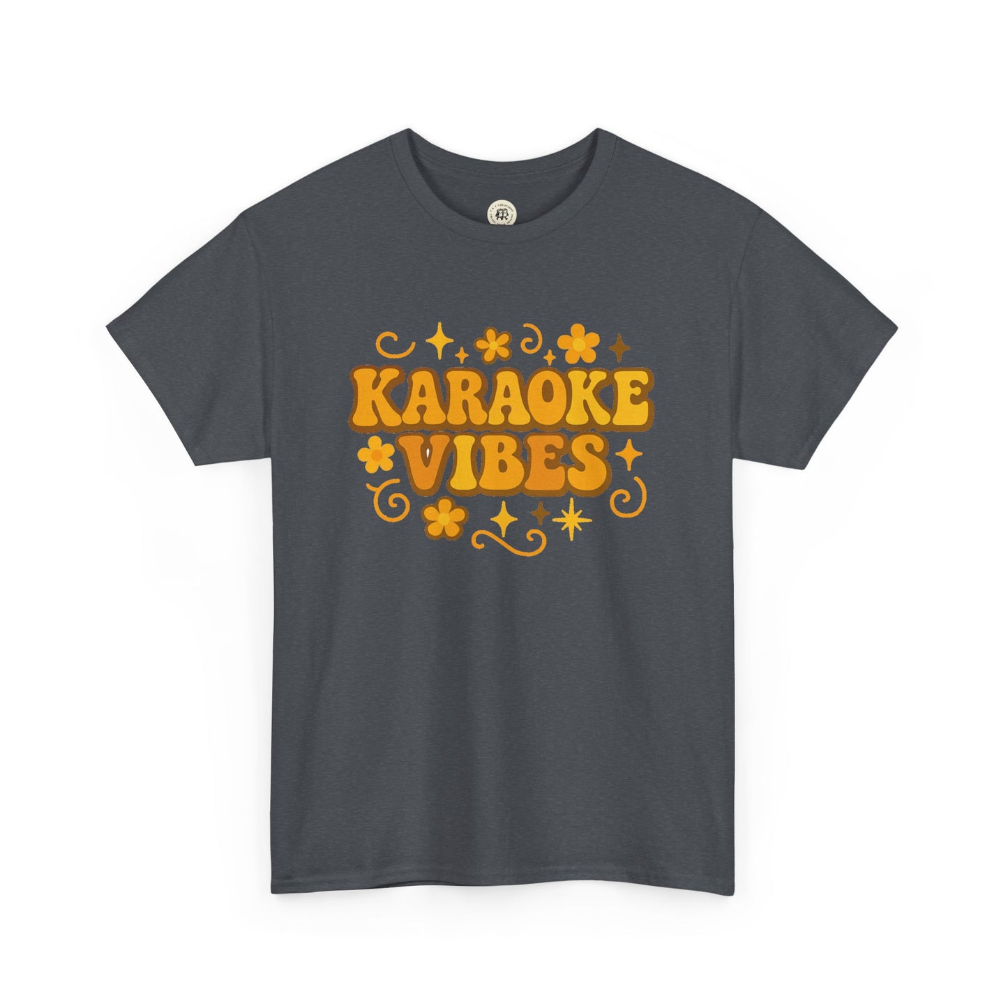 Dark gray Printify karaoke vibes t-shirt with orange retro floral and star design