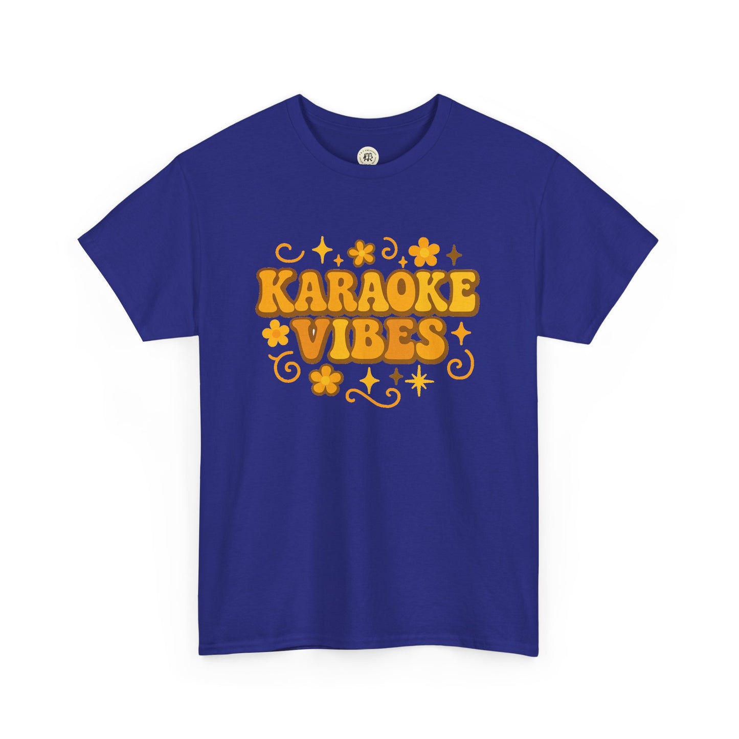 Blue Printify karaoke vibes t-shirt with orange retro text and flower design