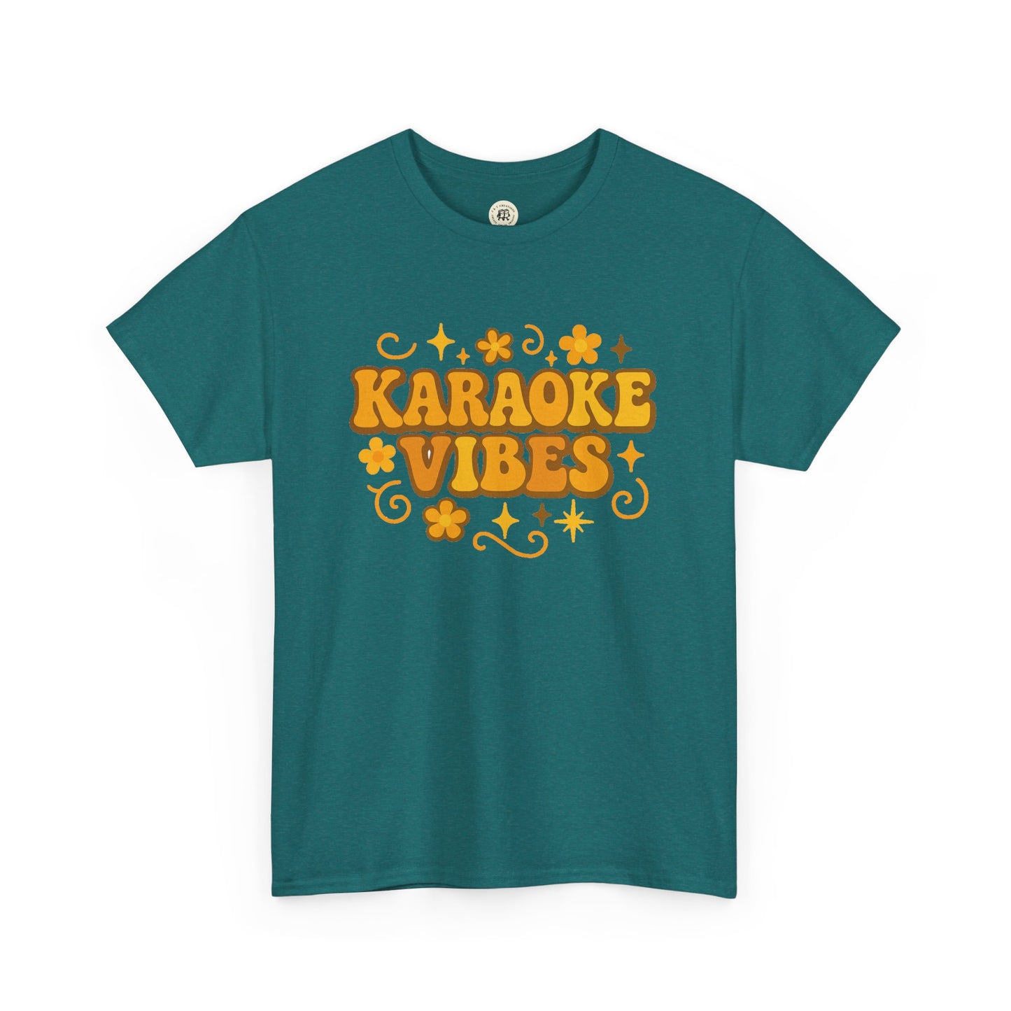 Green Printify T-shirt with orange retro font and floral design reading karaoke vibes t-shirt