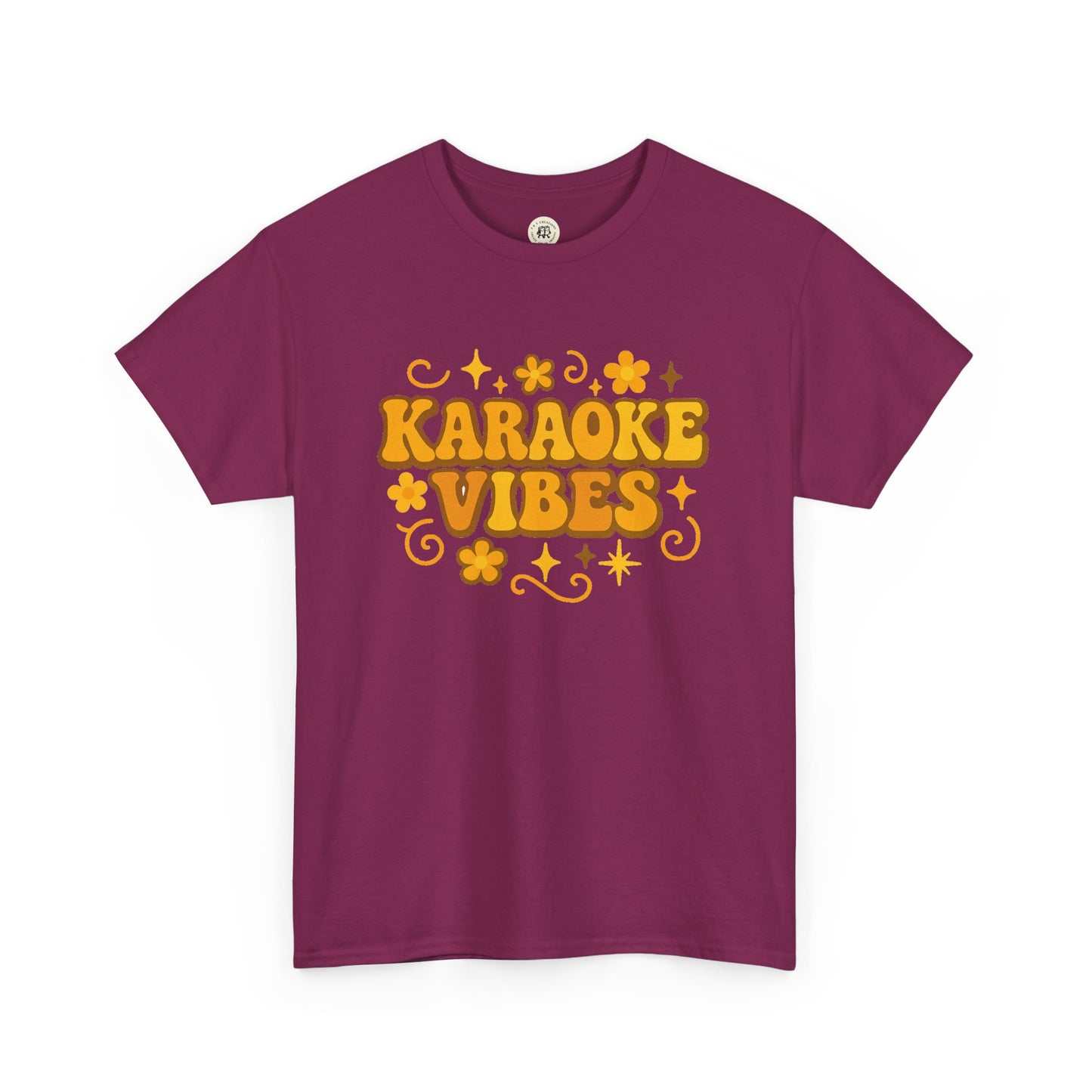 Printify karaoke vibes t-shirt in purple with retro yellow typography and floral design