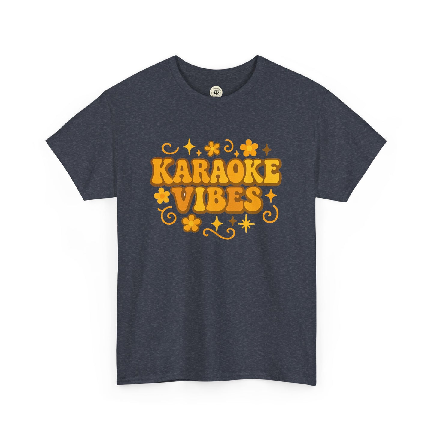 Printify karaoke vibes t-shirt in dark gray with retro orange text and decorative floral graphics